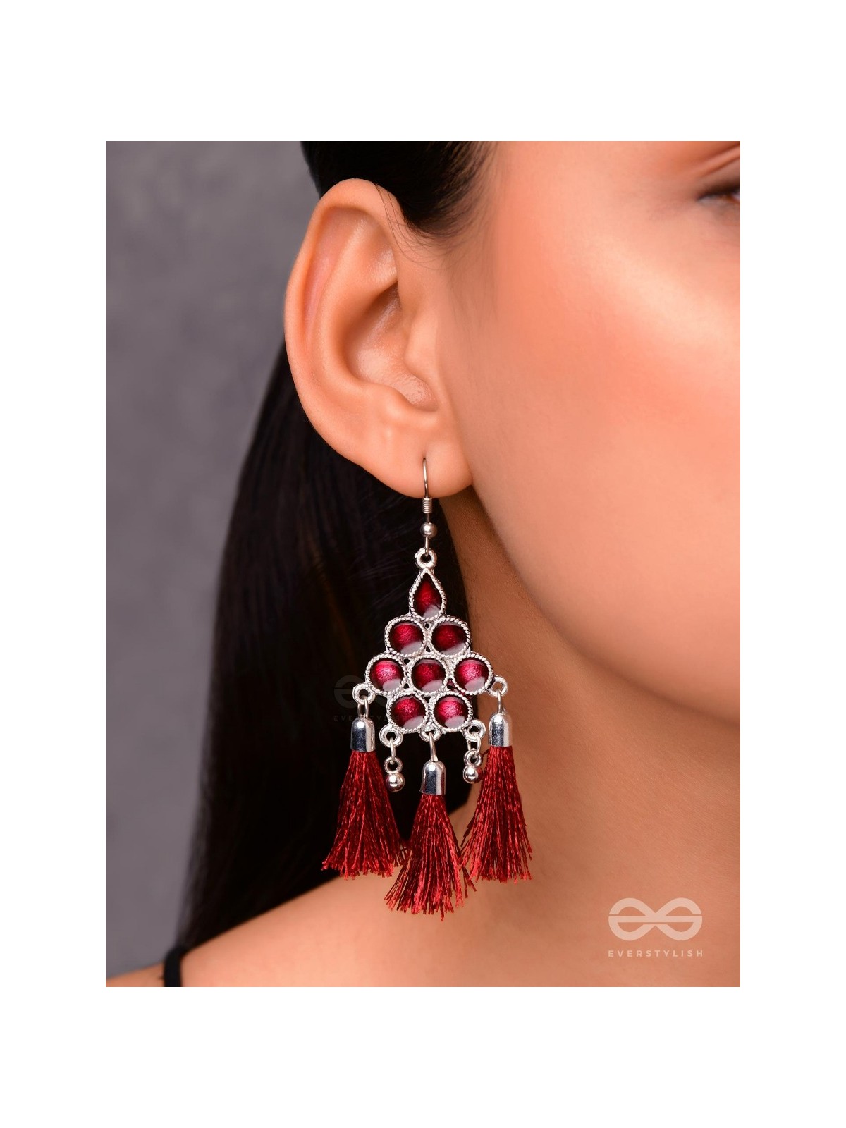 The Enamelled Tassels (Burgundy) - Embellished Oxidised Earrings