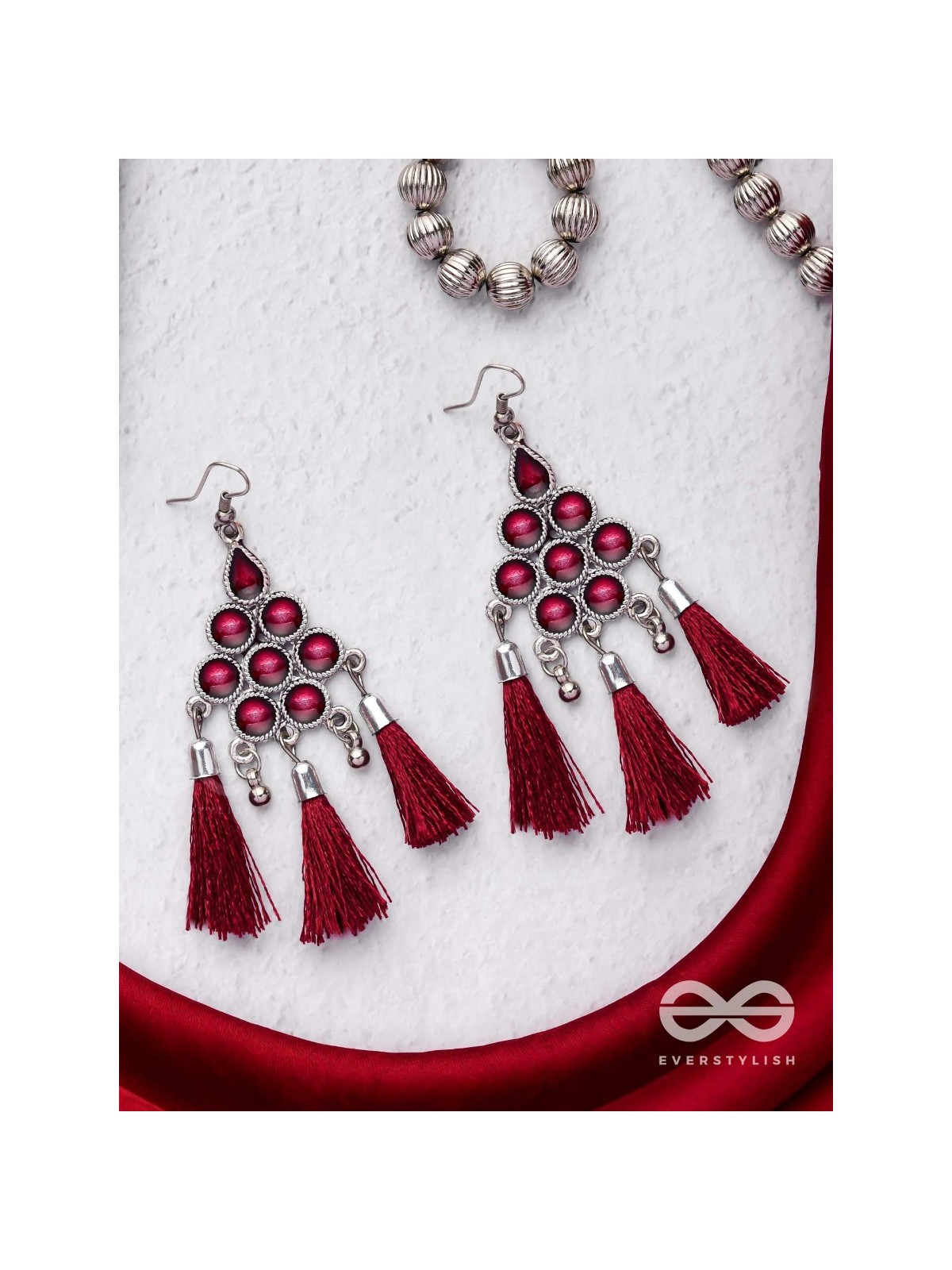 The Enamelled Tassels (Burgundy) - Embellished Oxidised Earrings