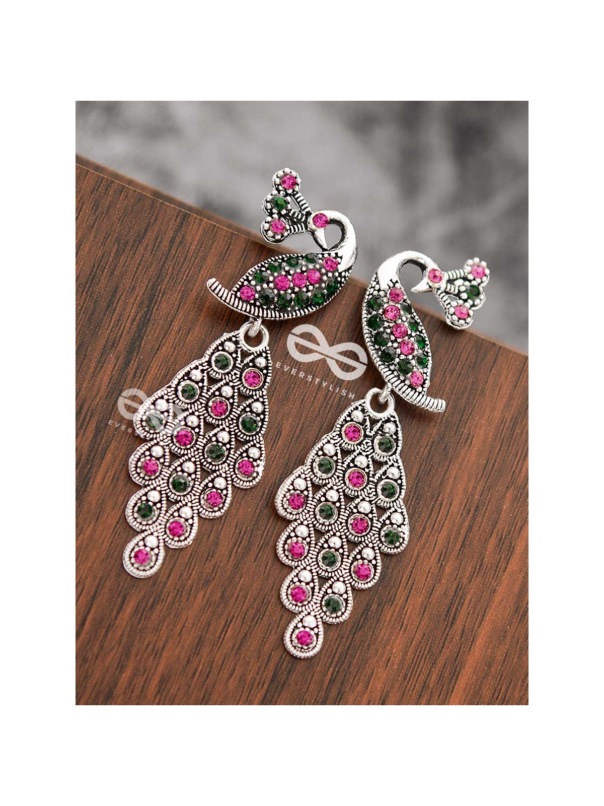 The Shimmery Peacock Danglers - Embellished Oxidised Collection