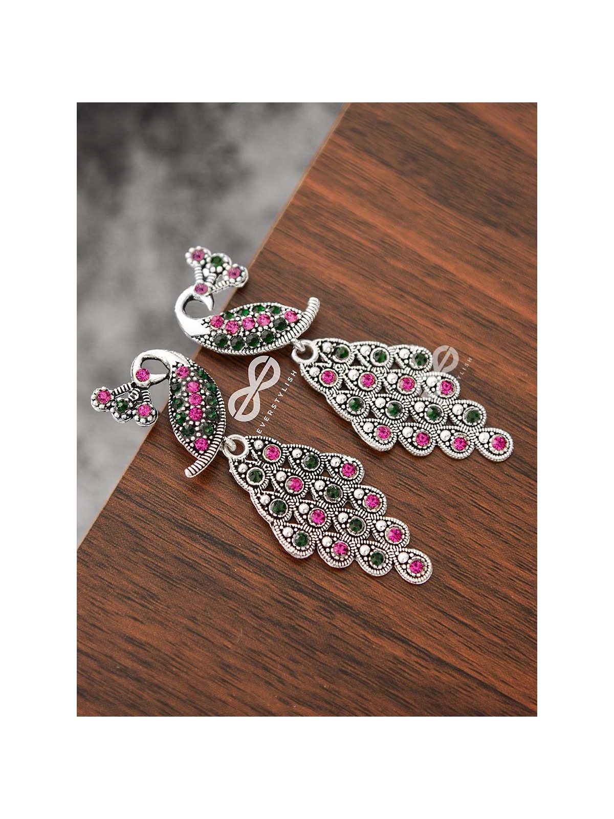 The Shimmery Peacock Danglers - Embellished Oxidised Collection