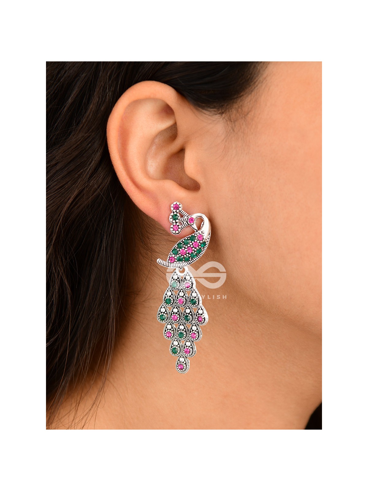 The Shimmery Peacock Danglers - Embellished Oxidised Collection