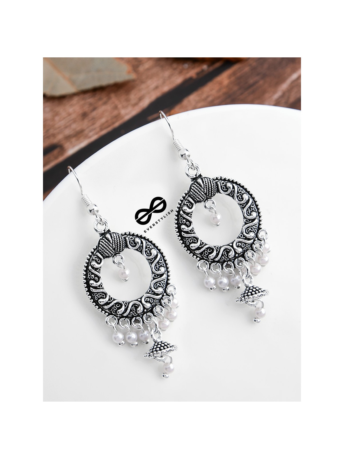 Little Intricate Circled Danglers - Oxidised Boho Earrings
