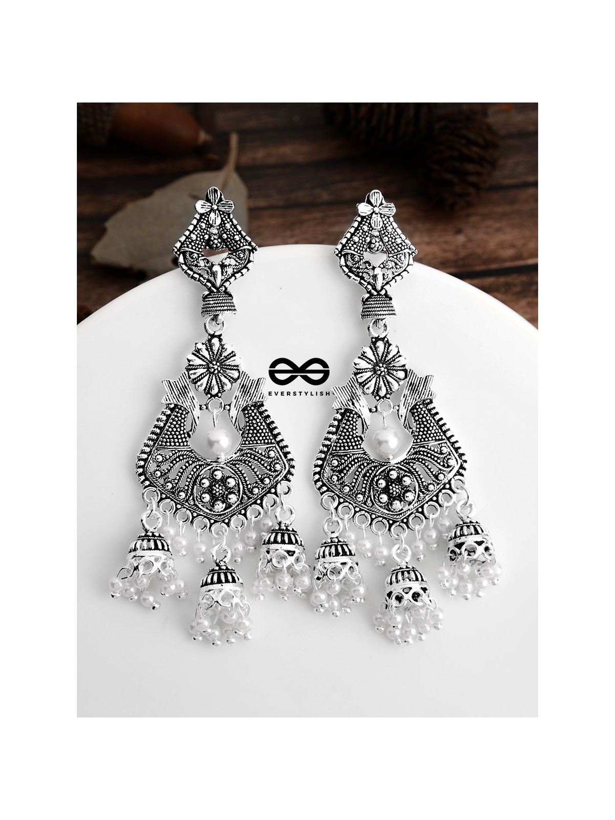 The Shimmery Antique Triple Jhumki Artwork - Oxidised Boho Earrings