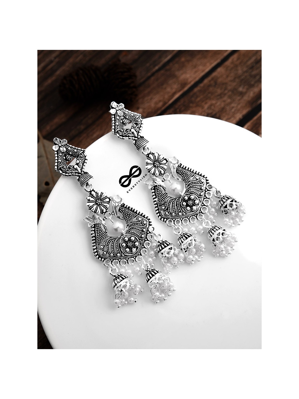The Shimmery Antique Triple Jhumki Artwork - Oxidised Boho Earrings