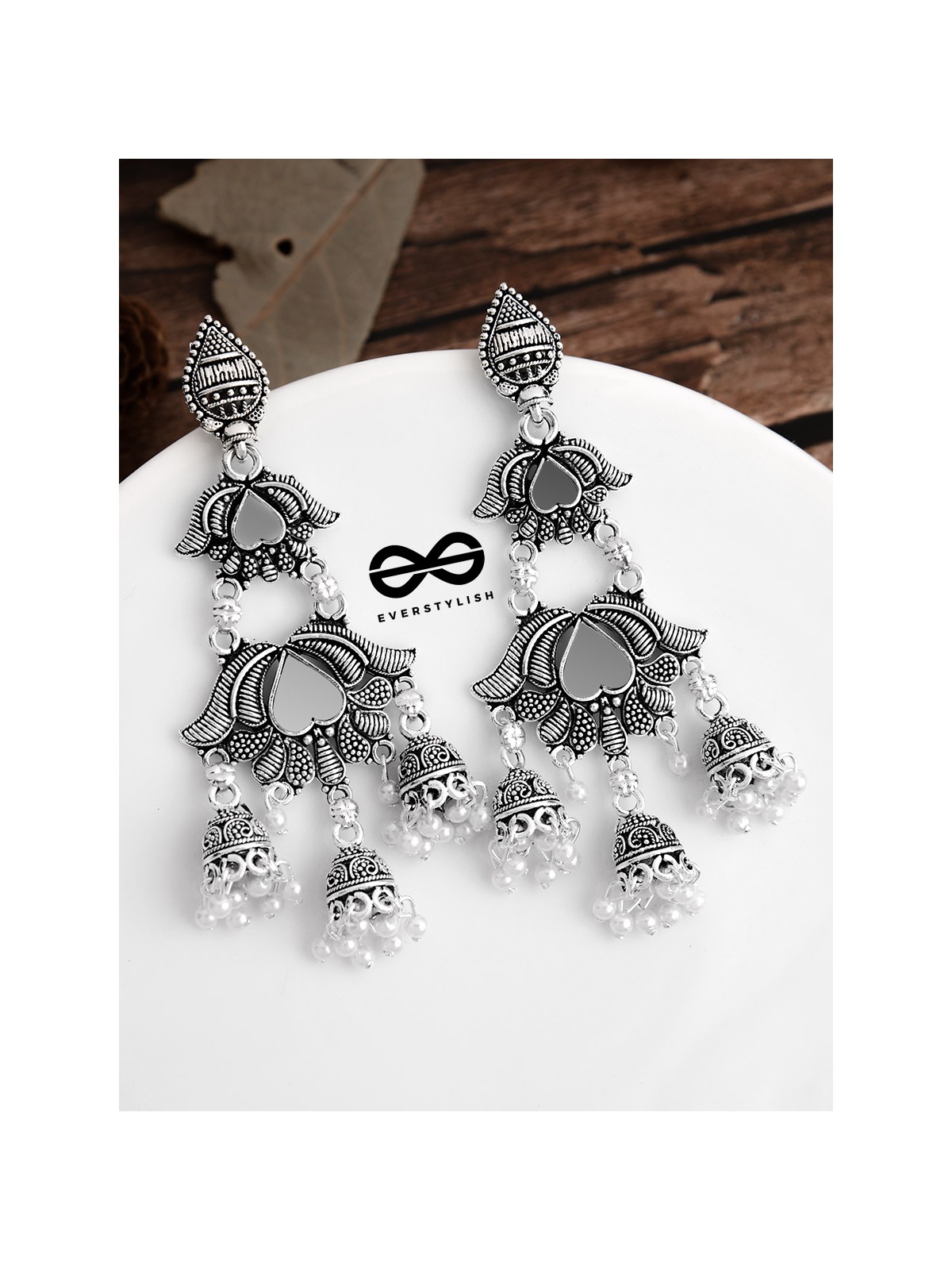 The Triple Layered Mirror Jhumkis - Oxidised Boho Earrings