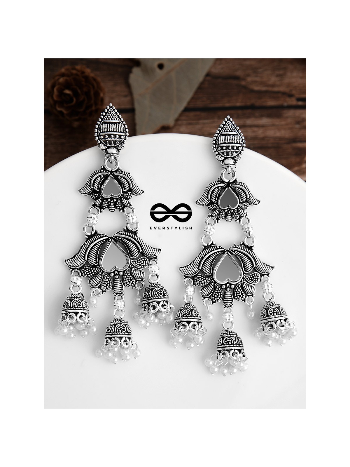 The Triple Layered Mirror Jhumkis - Oxidised Boho Earrings