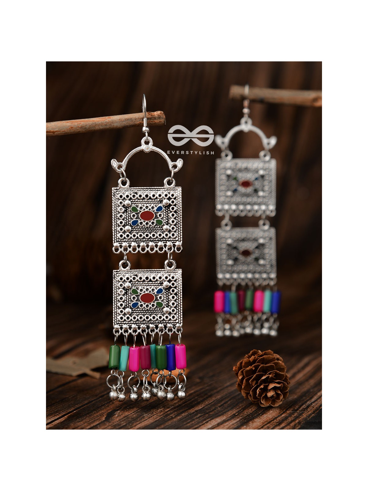 The Double Embellished Trunks (Red Hues) - Oxidised Boho Earrings - Multicolour