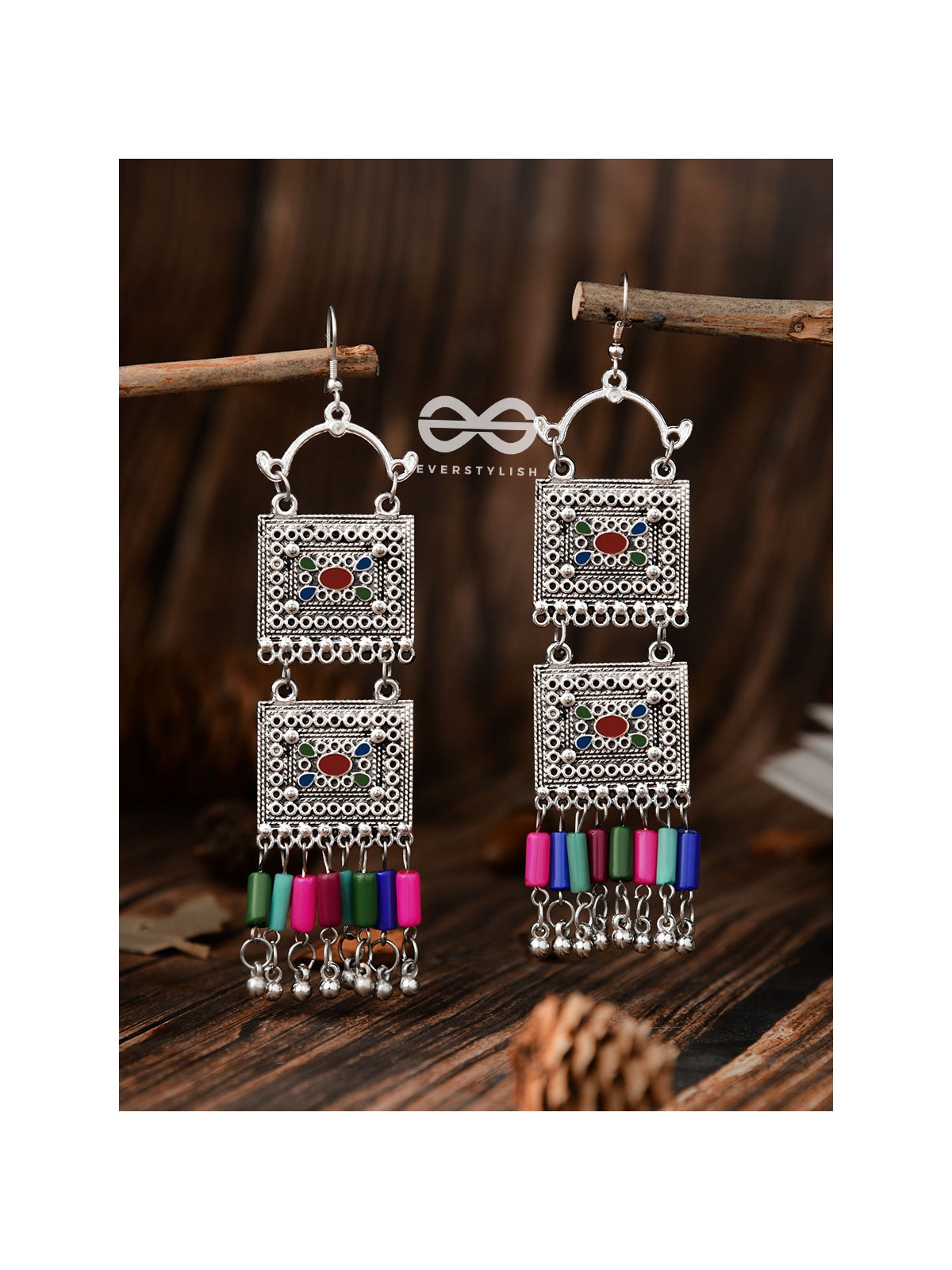 The Double Embellished Trunks (Red Hues) - Oxidised Boho Earrings - Multicolour