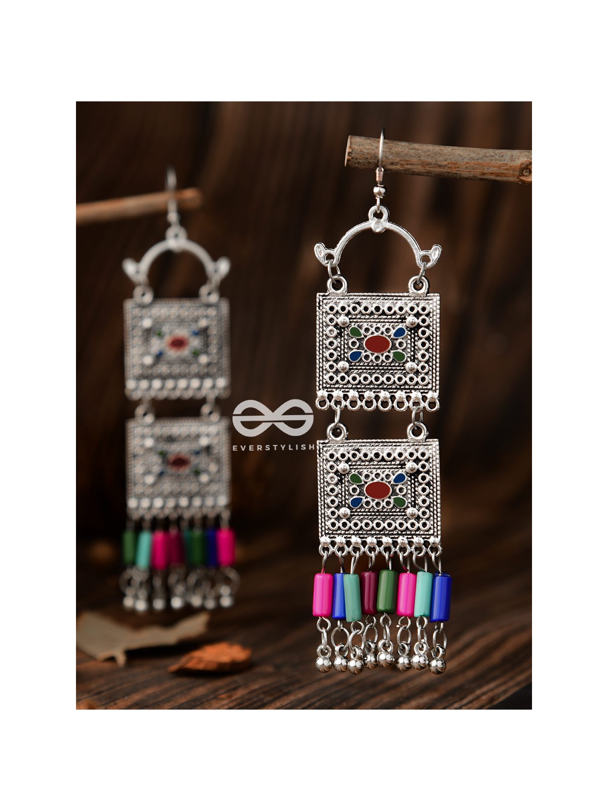 The Double Embellished Trunks (Red Hues) - Oxidised Boho Earrings - Multicolour