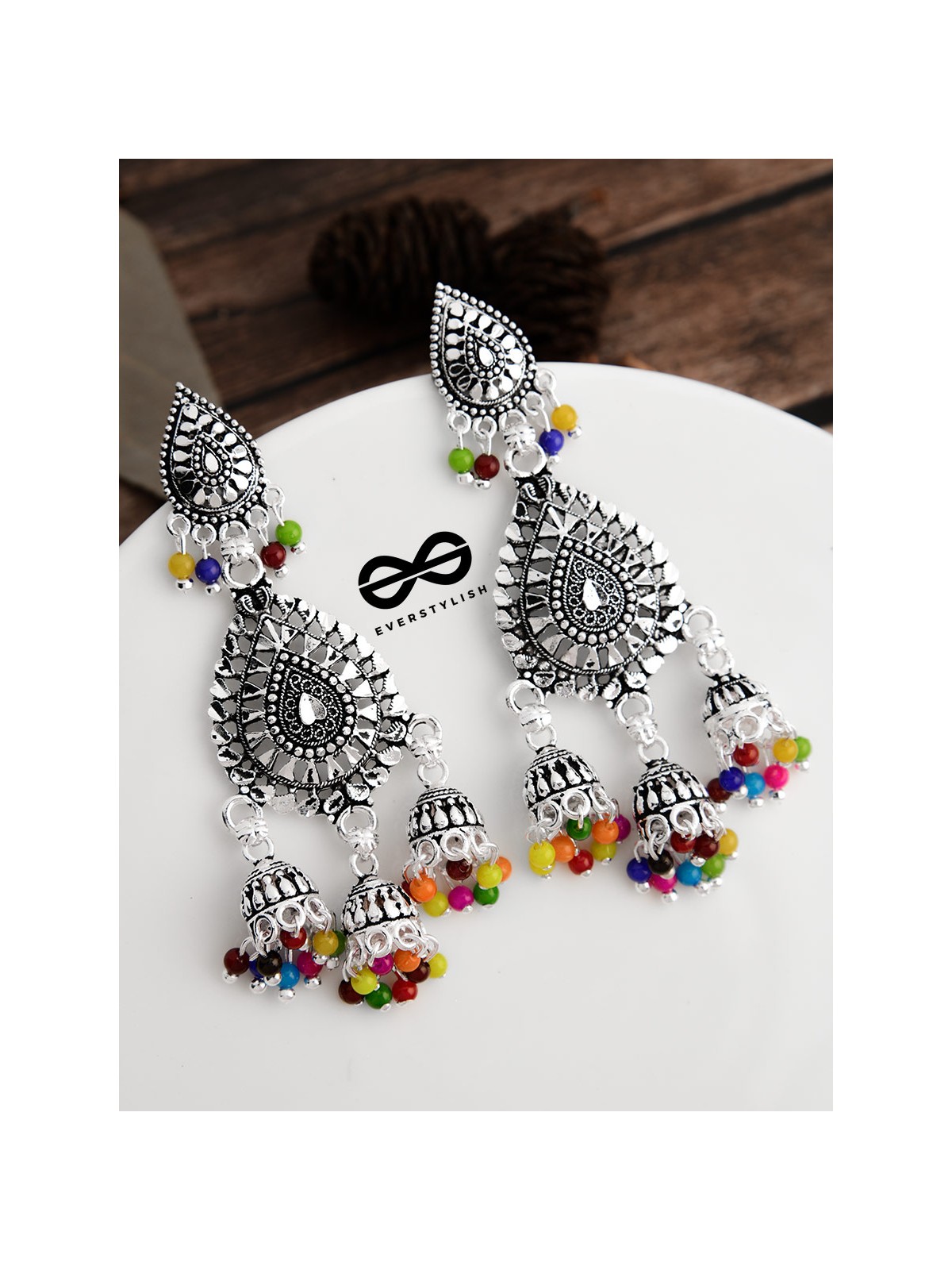 The Multicoloured Droplet Triple Jhumkis - Oxidised Boho Earrings