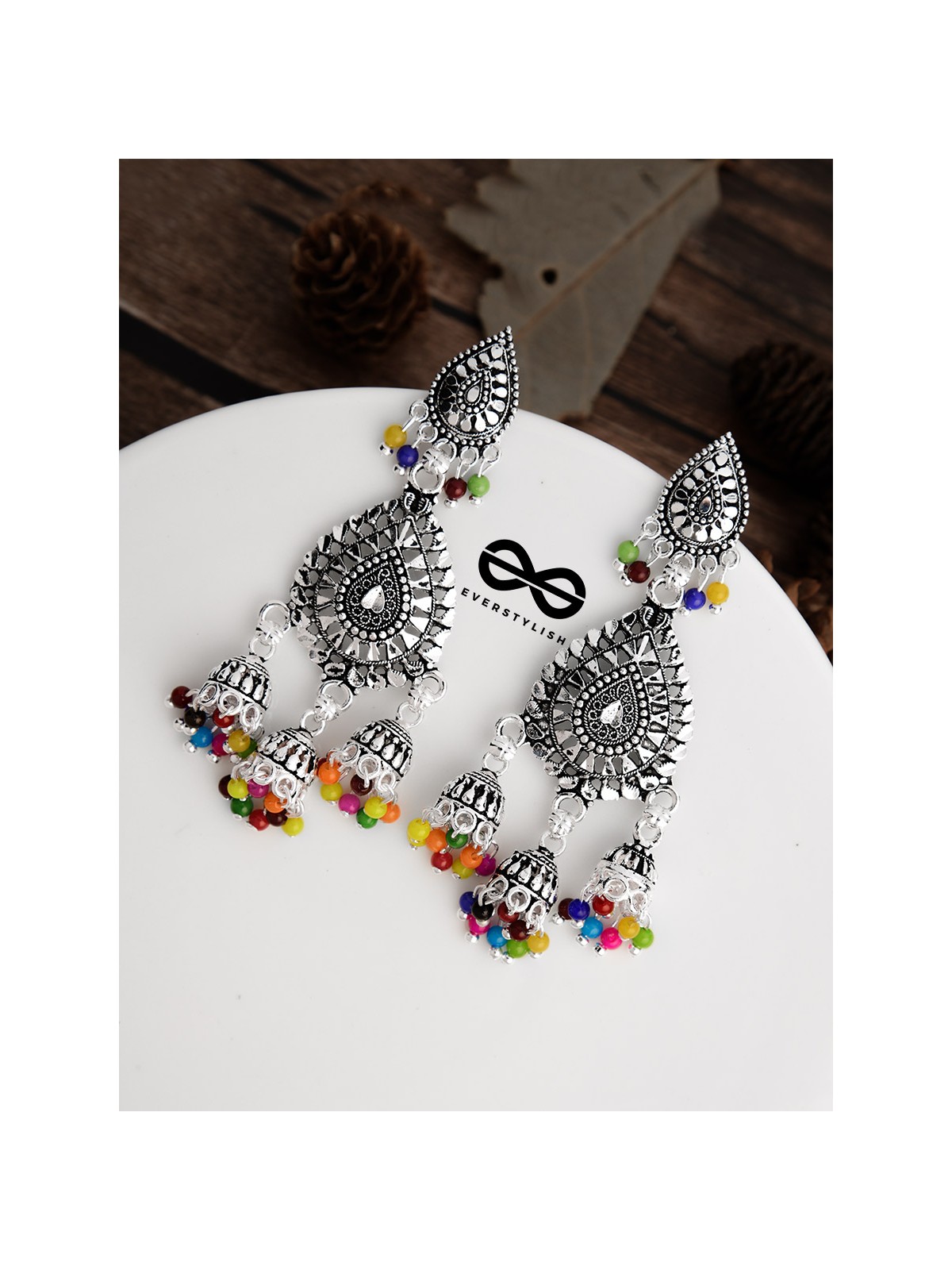The Multicoloured Droplet Triple Jhumkis - Oxidised Boho Earrings