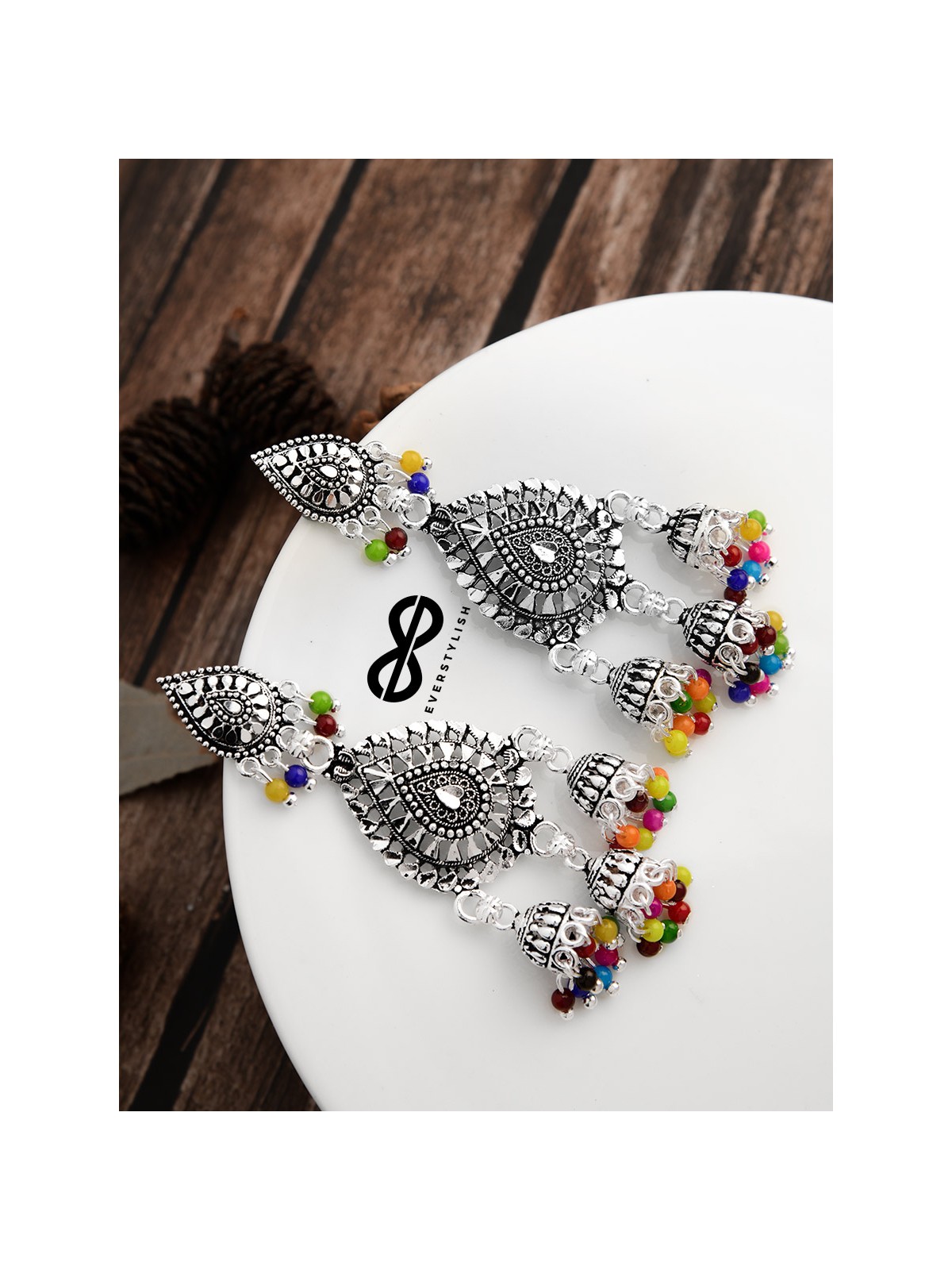 The Multicoloured Droplet Triple Jhumkis - Oxidised Boho Earrings