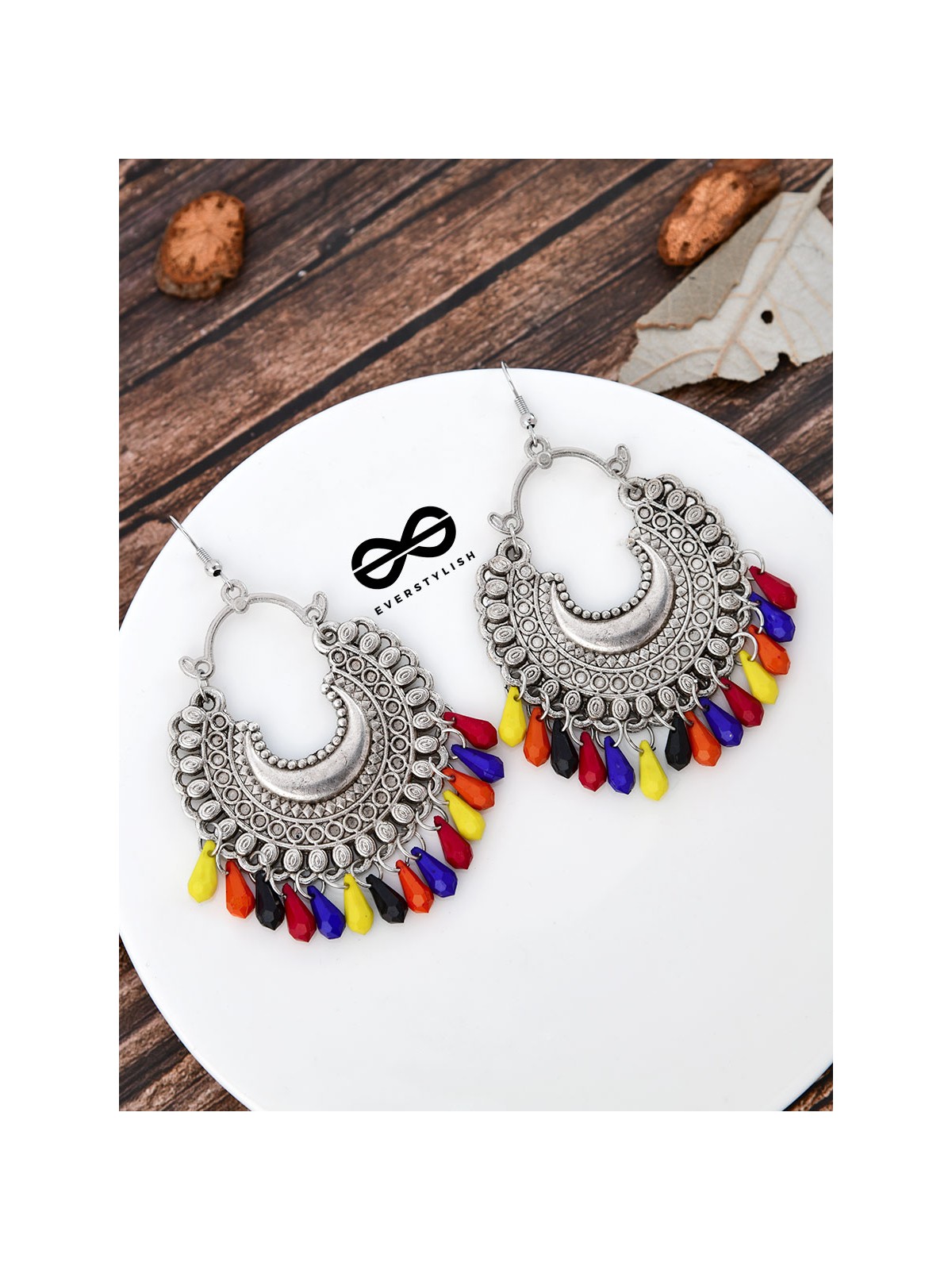 The Motif Moon Multicoloured Droplets Oxidised Boho Earrings