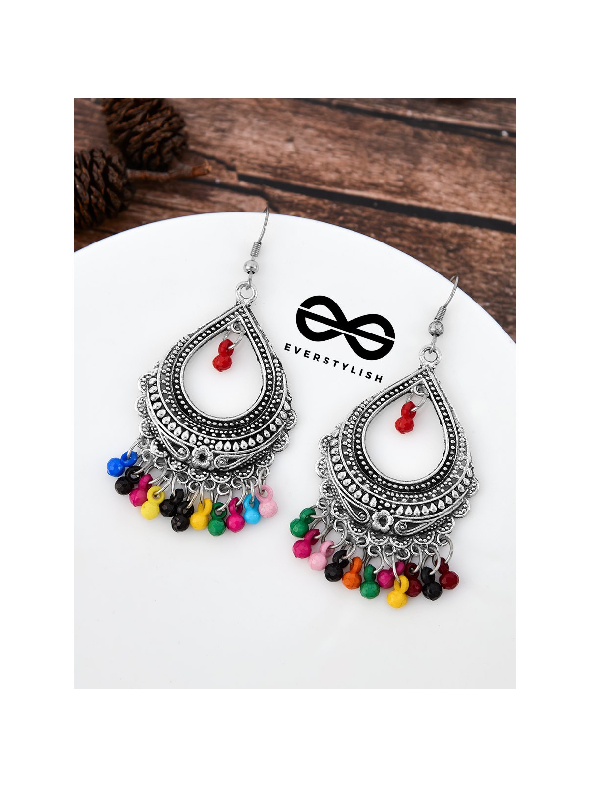 The Intricate Motif Drops - Oxidised Boho Earrings - Multicolour