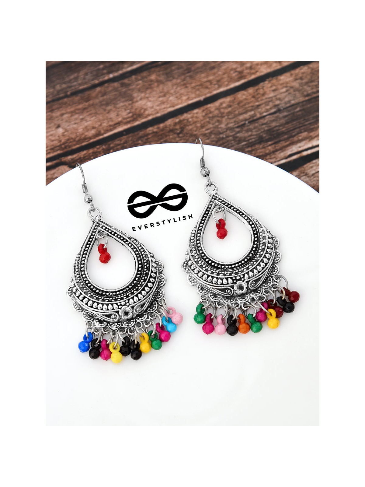 The Intricate Motif Drops - Oxidised Boho Earrings - Multicolour