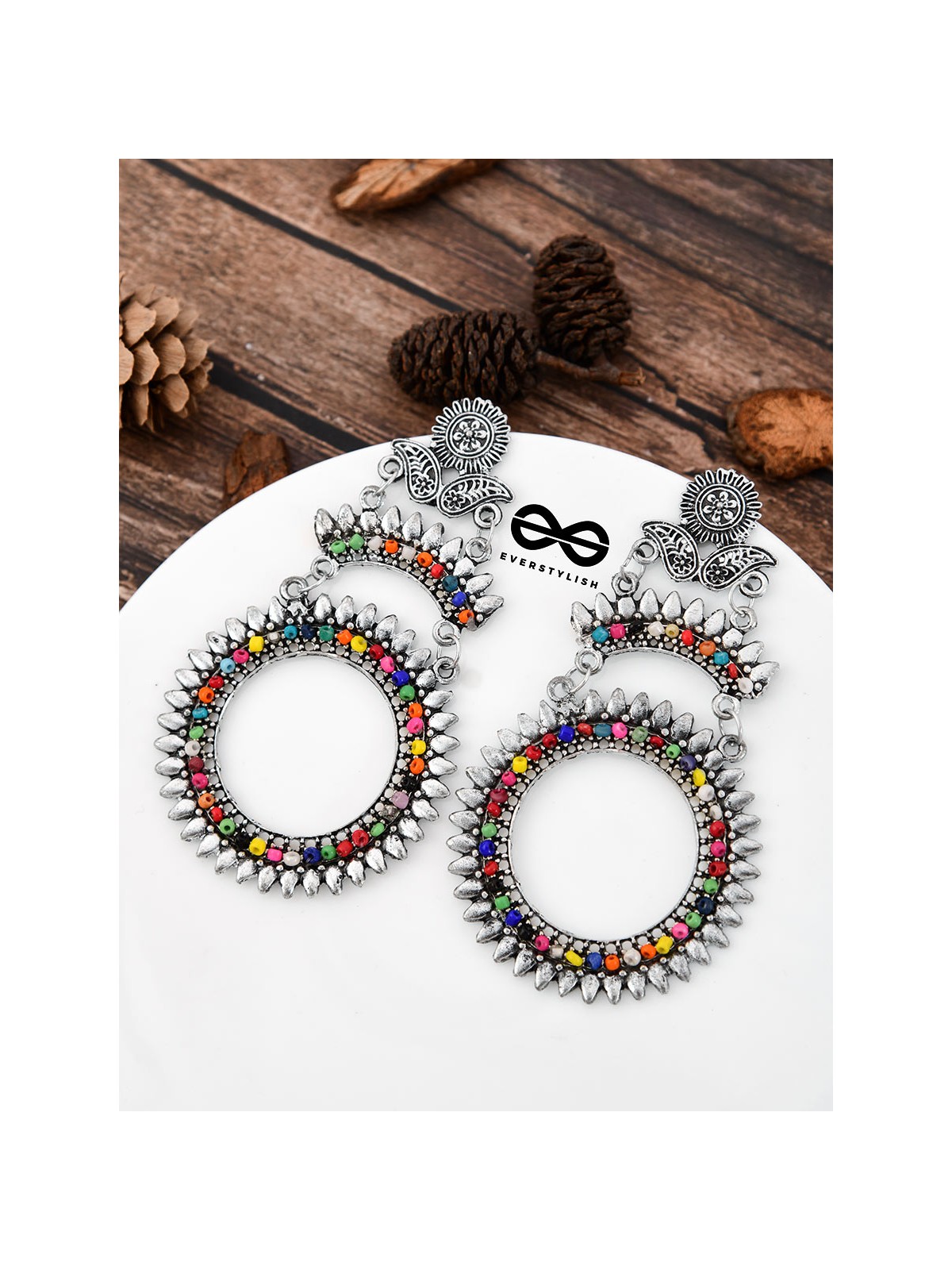 The layered Beaded Sun Oxidised Boho Earrings