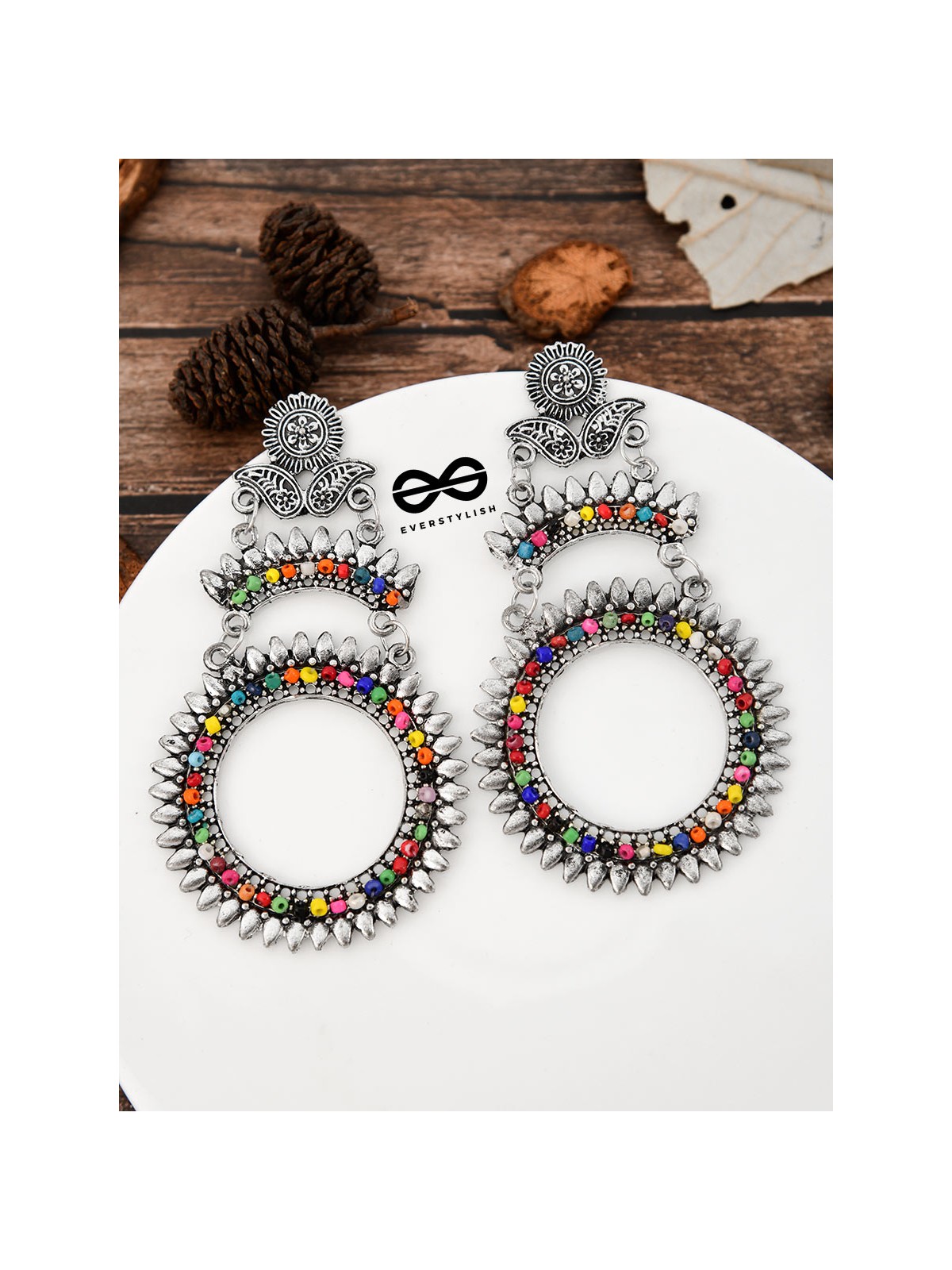 The layered Beaded Sun Oxidised Boho Earrings