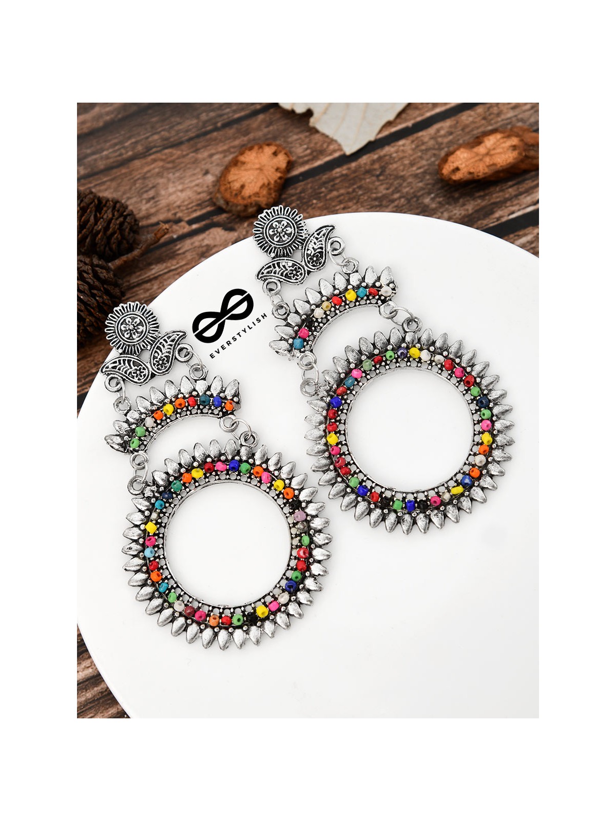 The layered Beaded Sun Oxidised Boho Earrings