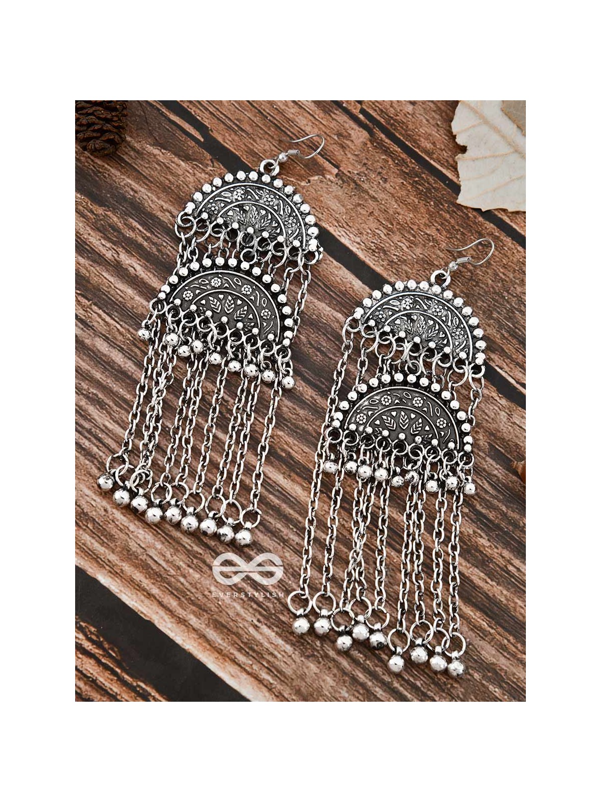 The Double Intricate Moon Danglers - Oxidised Boho Earrings