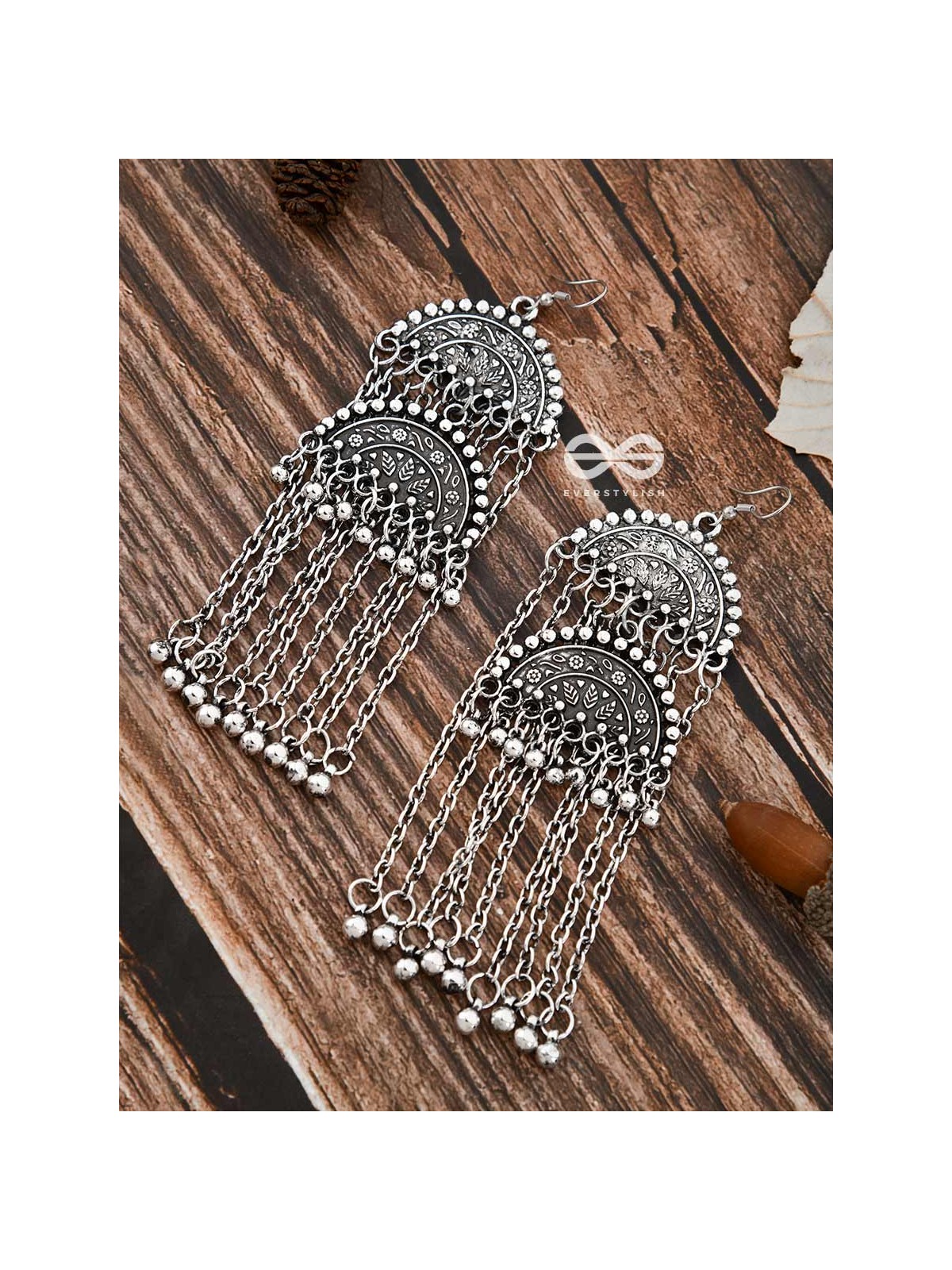 The Double Intricate Moon Danglers - Oxidised Boho Earrings