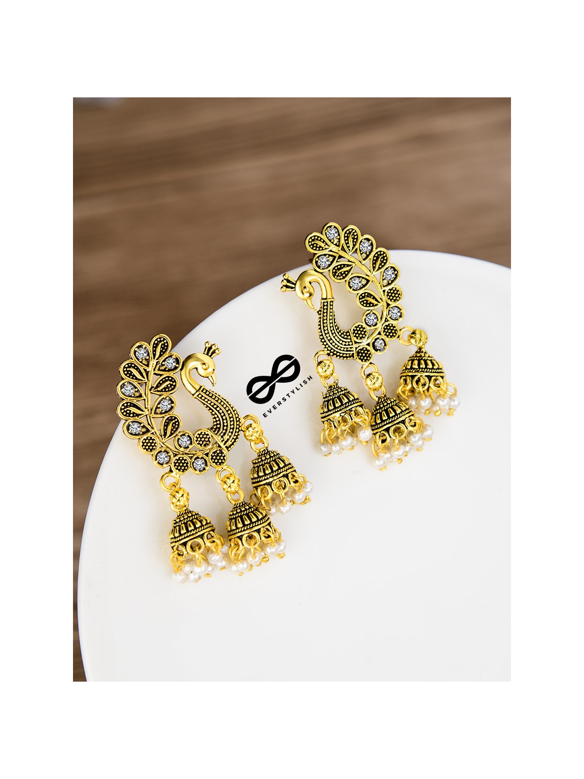 The Golden Peacock Triple Jhumkis - Oxidised Boho Earrings