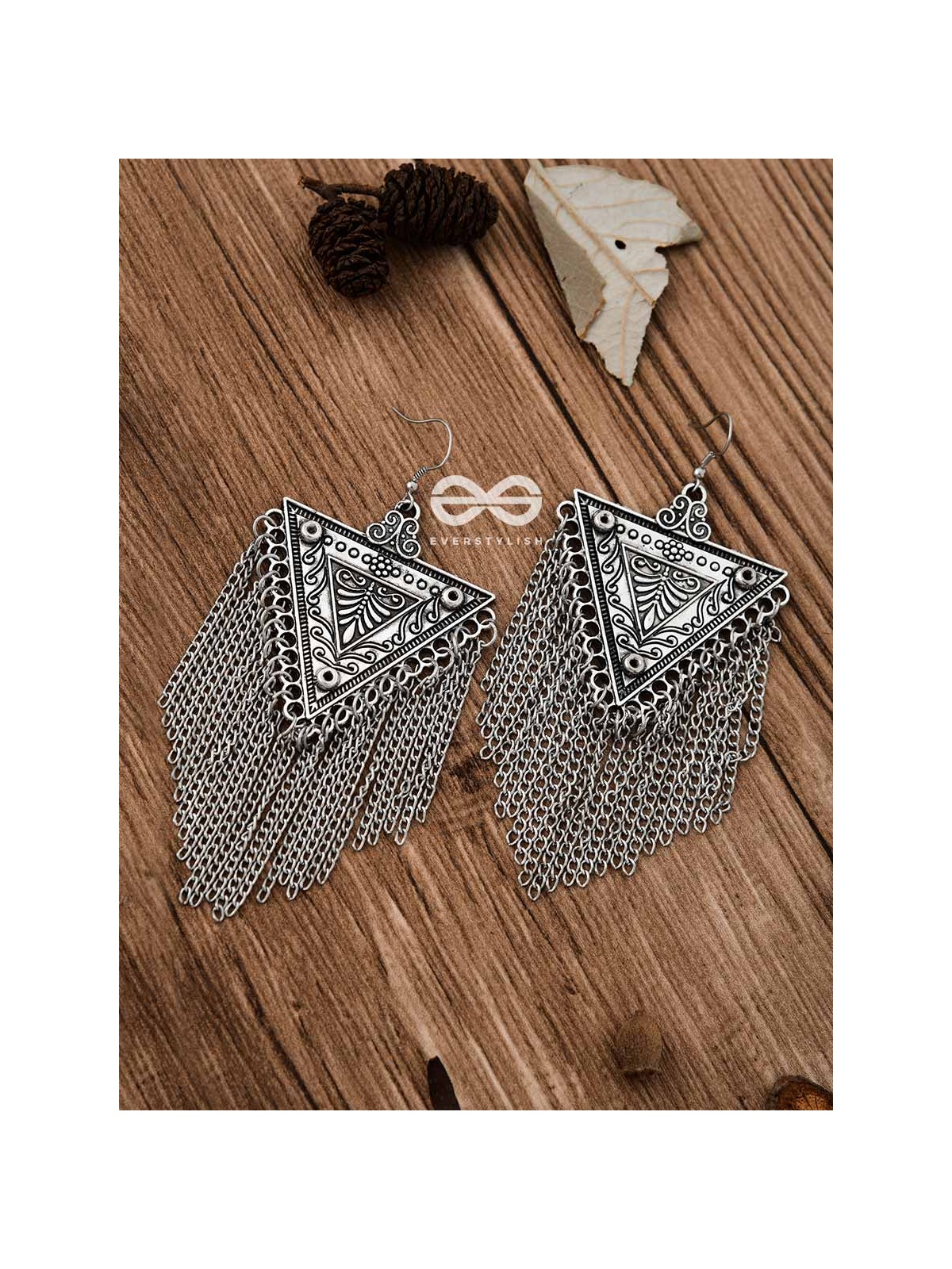The Triangle Chained Danglers - Oxidised Boho Earrings