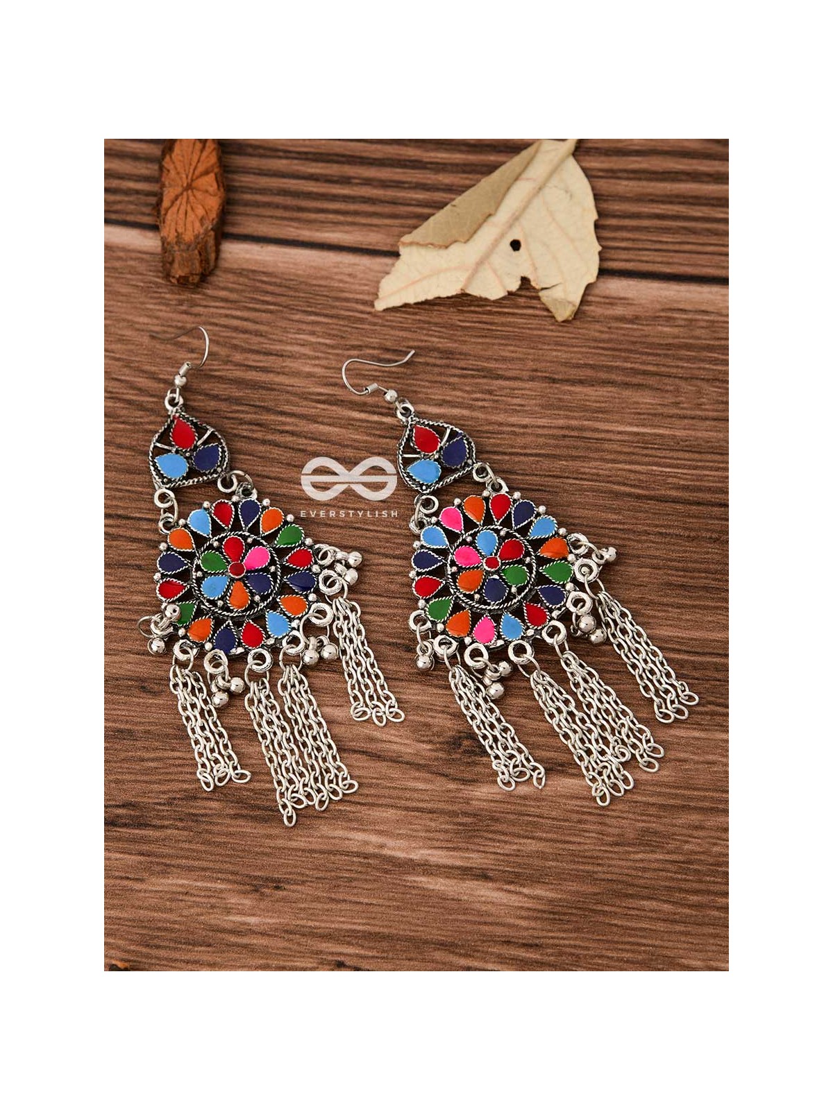 The Multicoloured Enamel Chained Danglers - Oxidised Boho Earrings