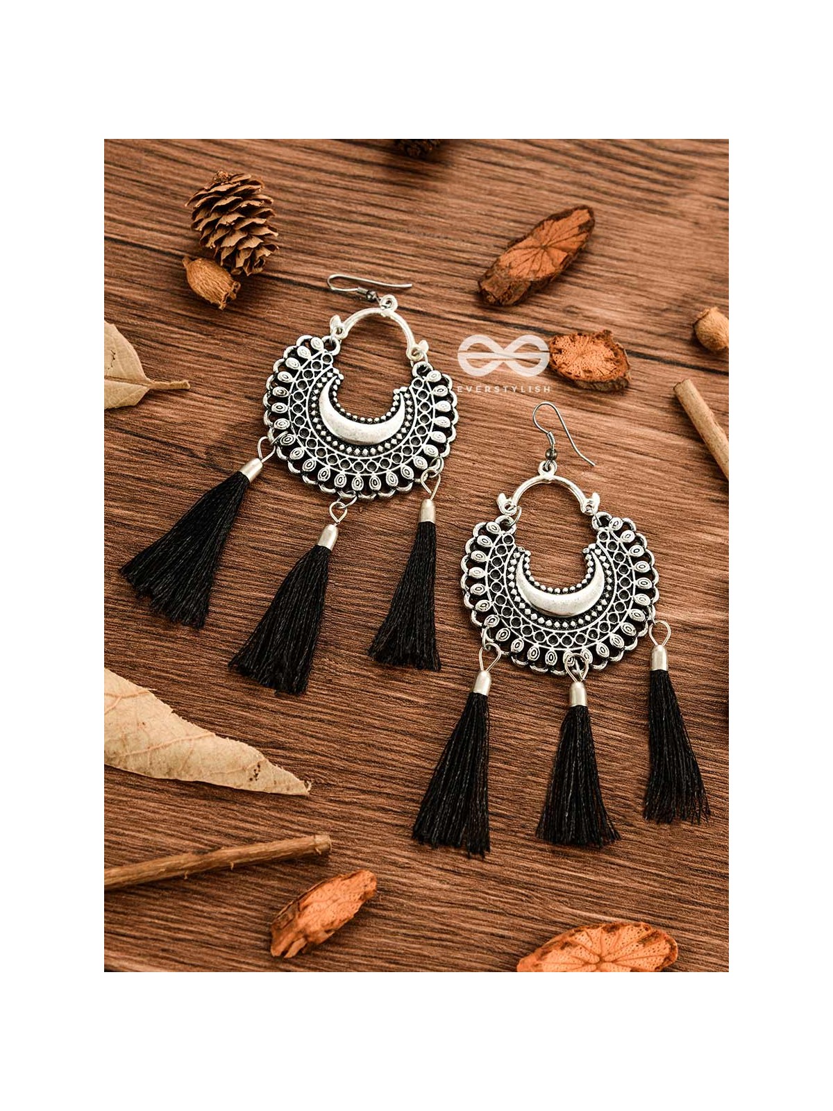 The Motif Moon Tassels (Black) - Oxidised Boho Earrings