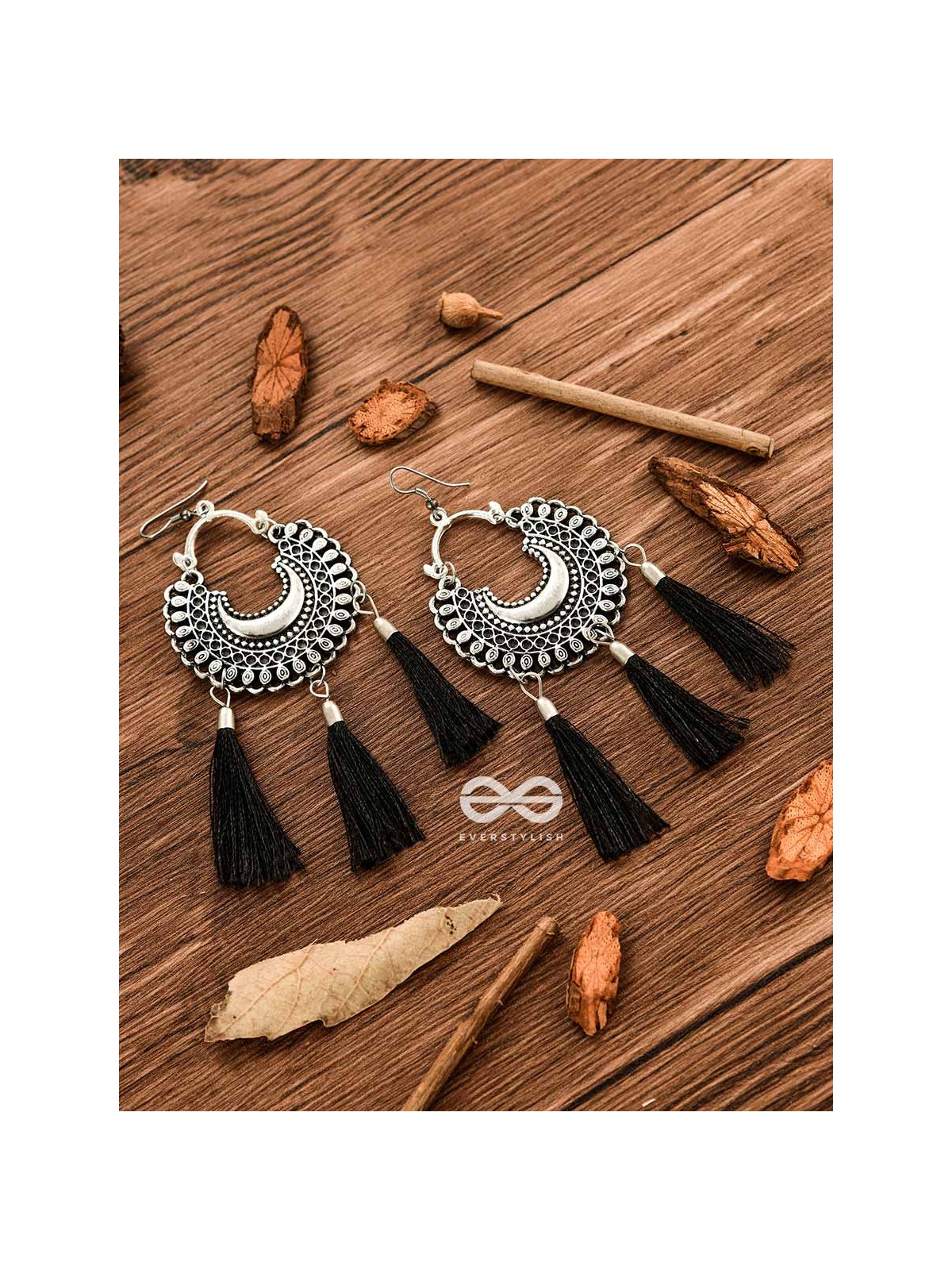The Motif Moon Tassels (Black) - Oxidised Boho Earrings