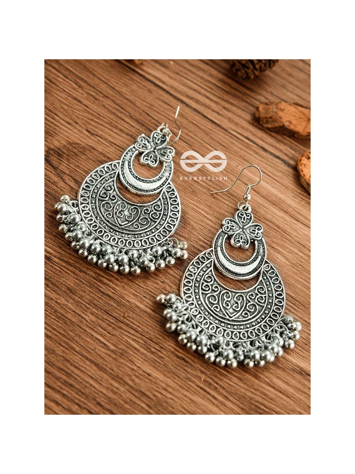 The Layered Vintage Motif Moons - Oxidised Boho Earrings
