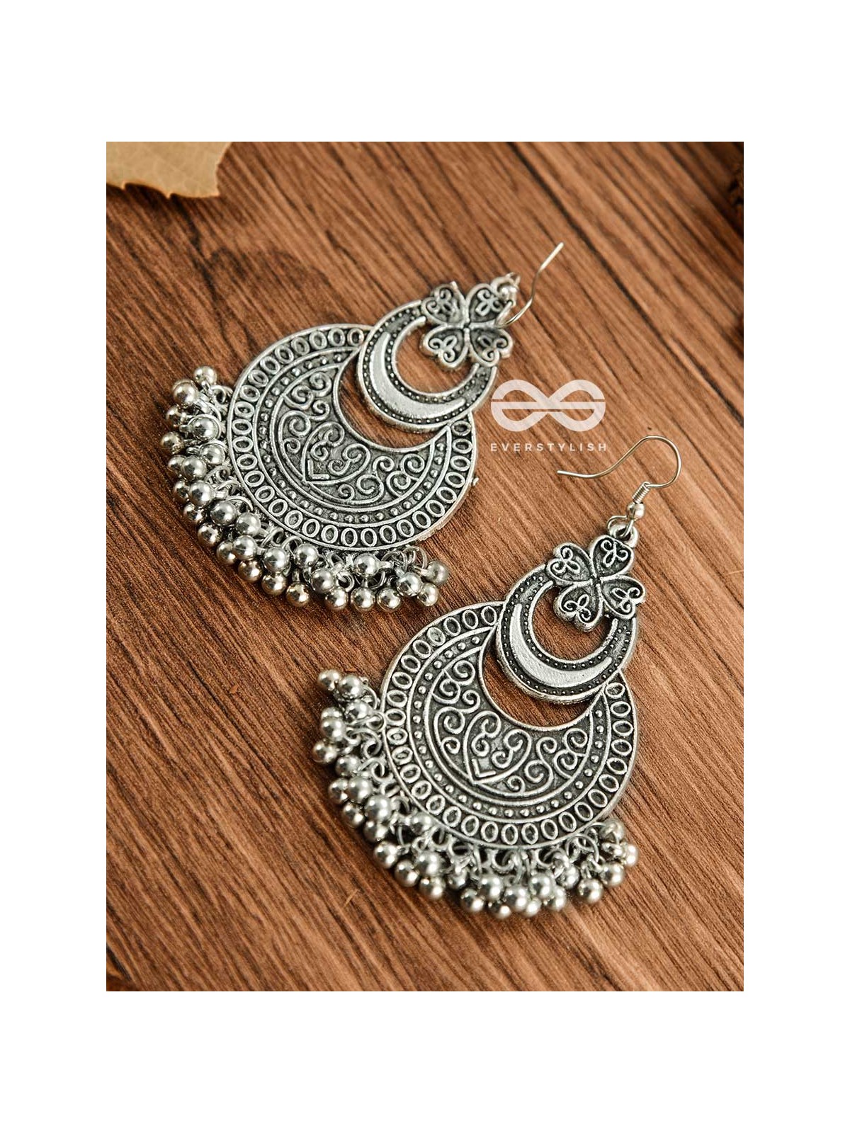 The Layered Vintage Motif Moons - Oxidised Boho Earrings