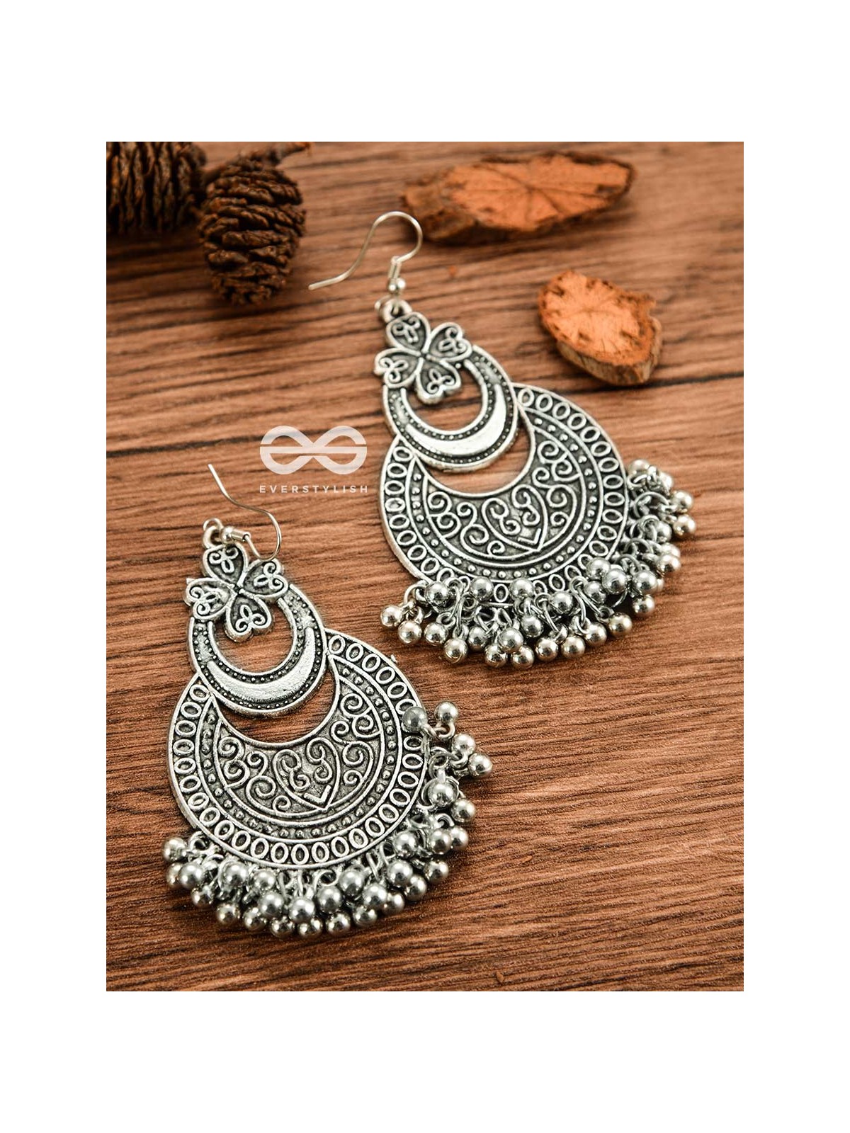 The Layered Vintage Motif Moons - Oxidised Boho Earrings