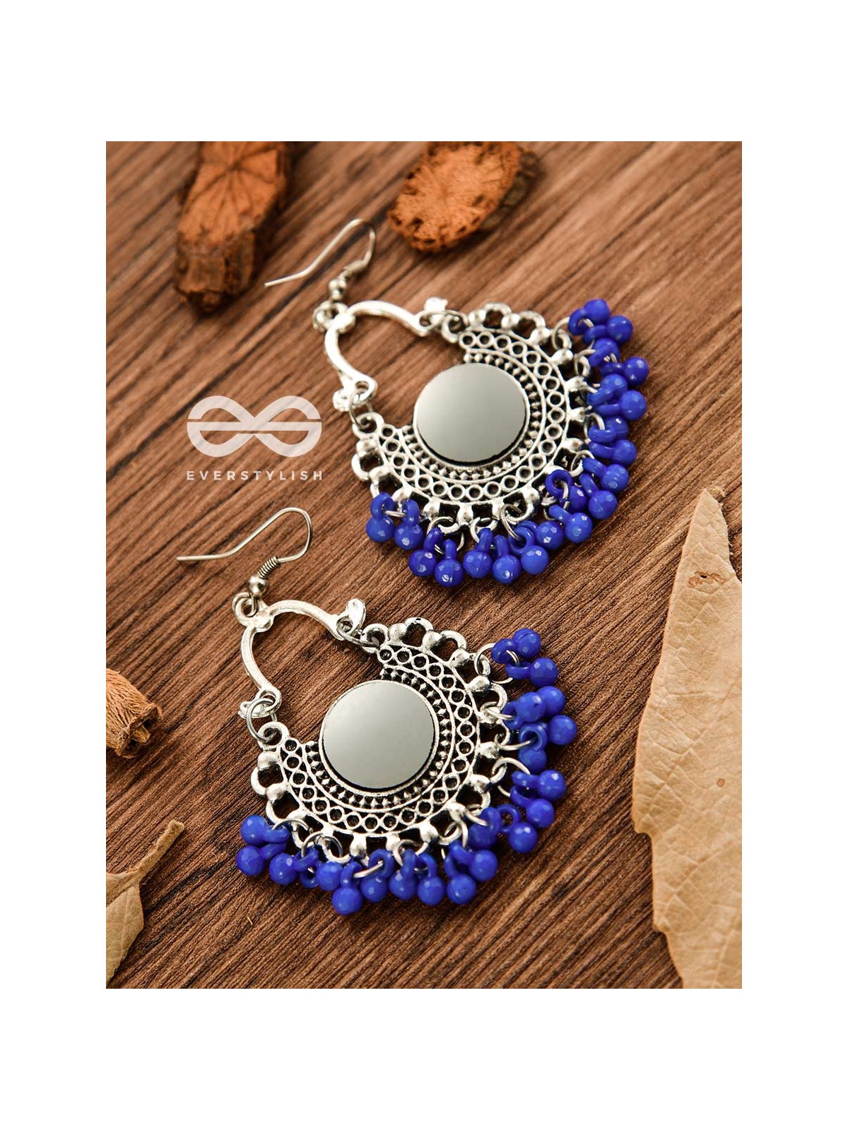 Motif Mirrors on My Ears (Royal Blue) - Oxidised Boho Earrings