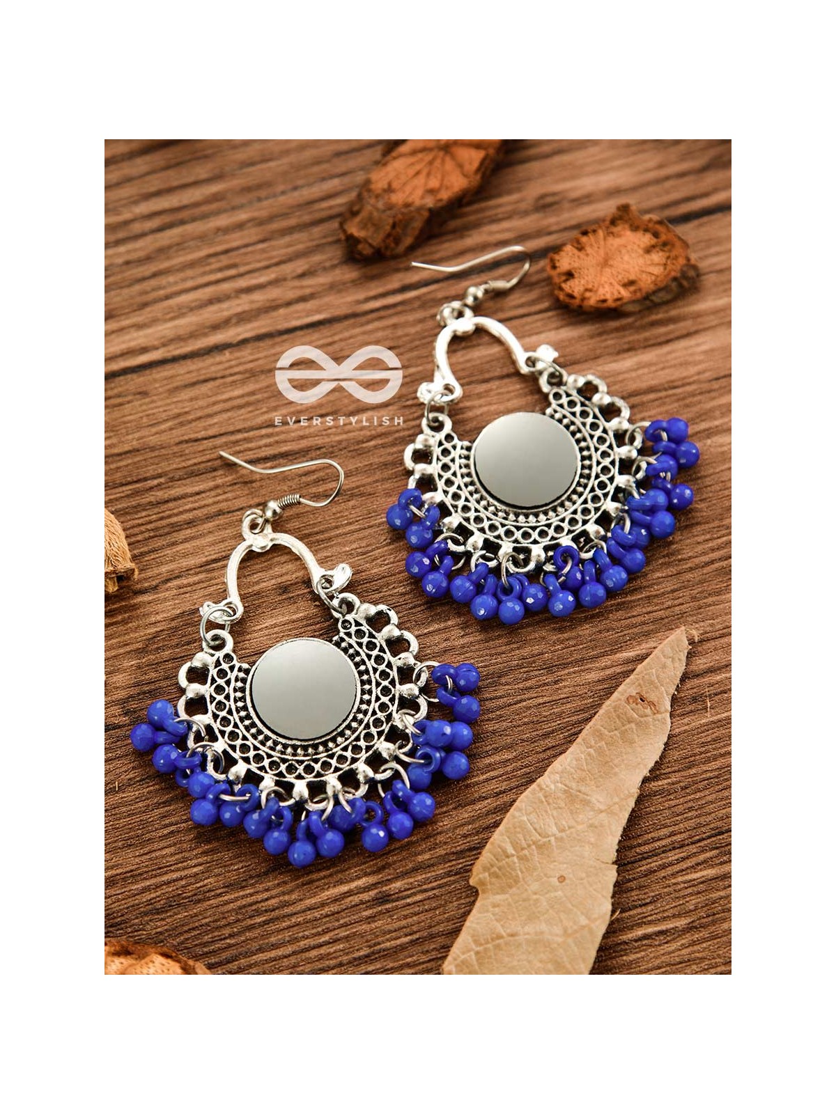 Motif Mirrors on My Ears (Royal Blue) - Oxidised Boho Earrings