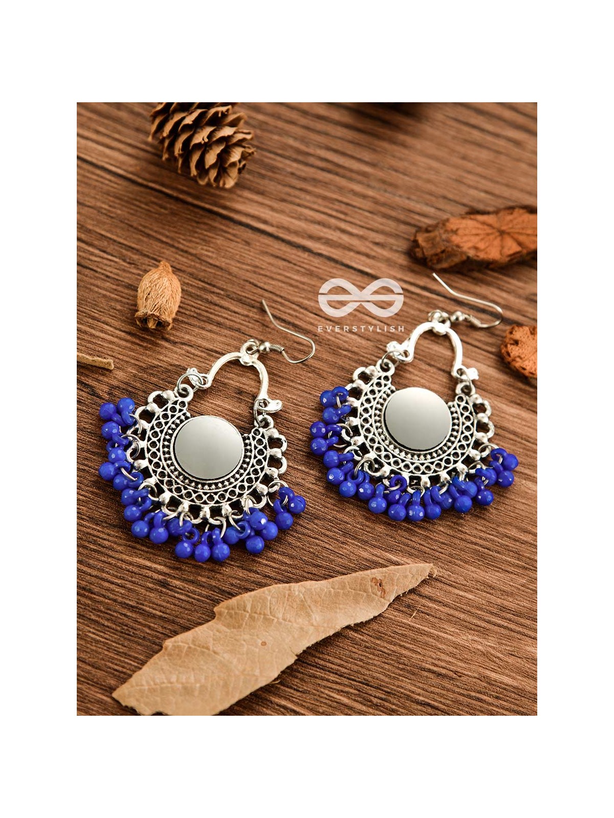 Motif Mirrors on My Ears (Royal Blue) - Oxidised Boho Earrings