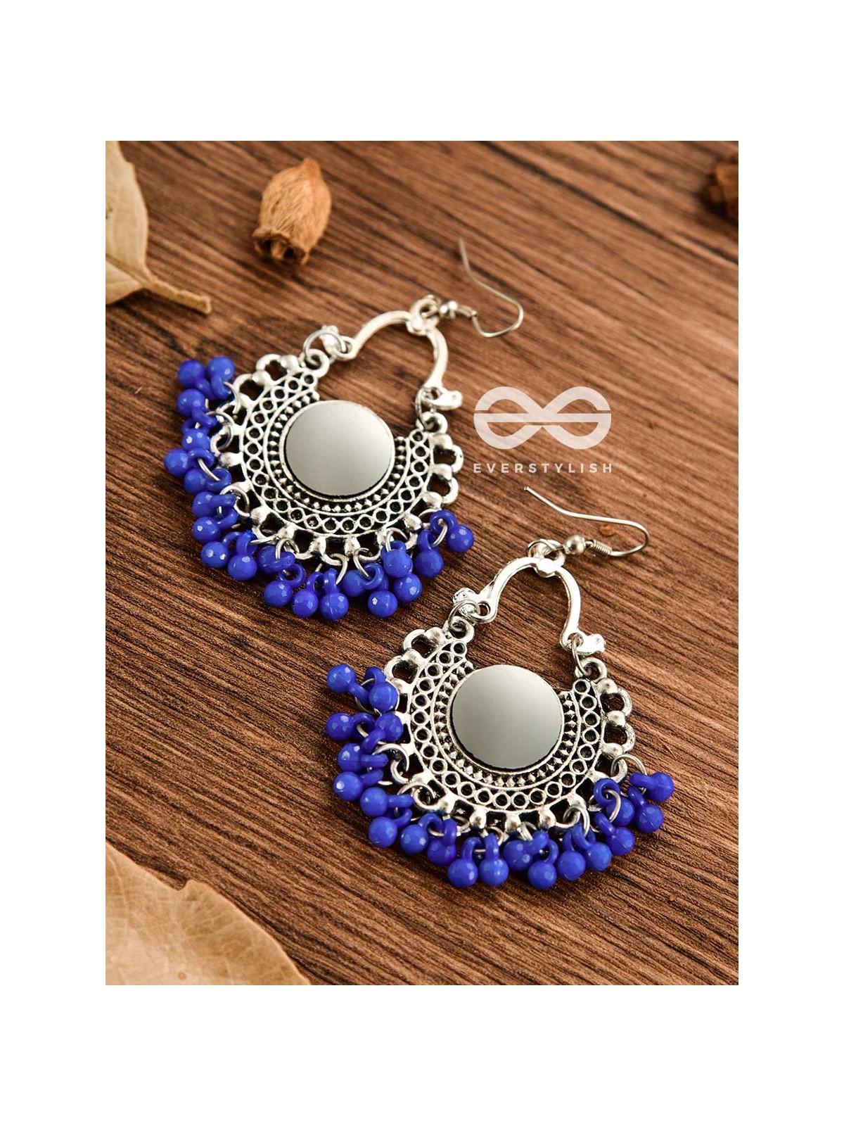 Motif Mirrors on My Ears (Royal Blue) - Oxidised Boho Earrings