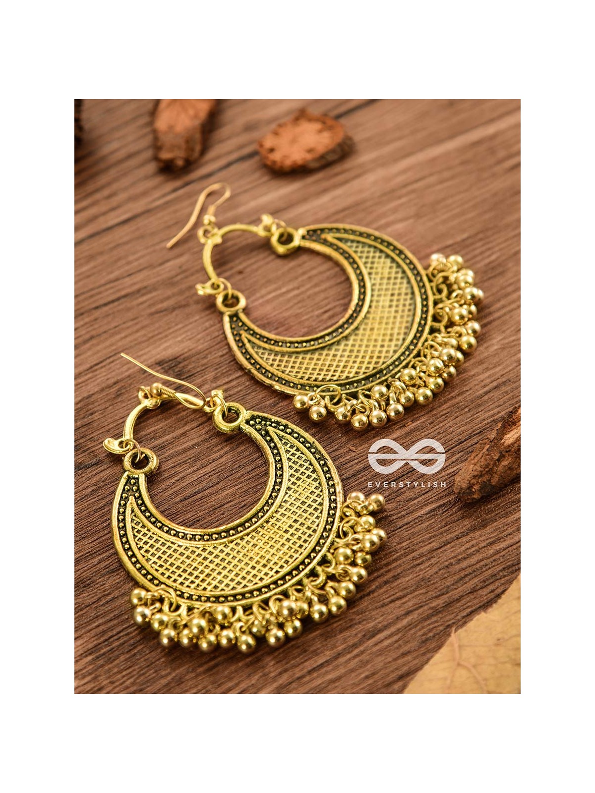 The Meshed Moon (Golden) - Oxidised Boho Earrings