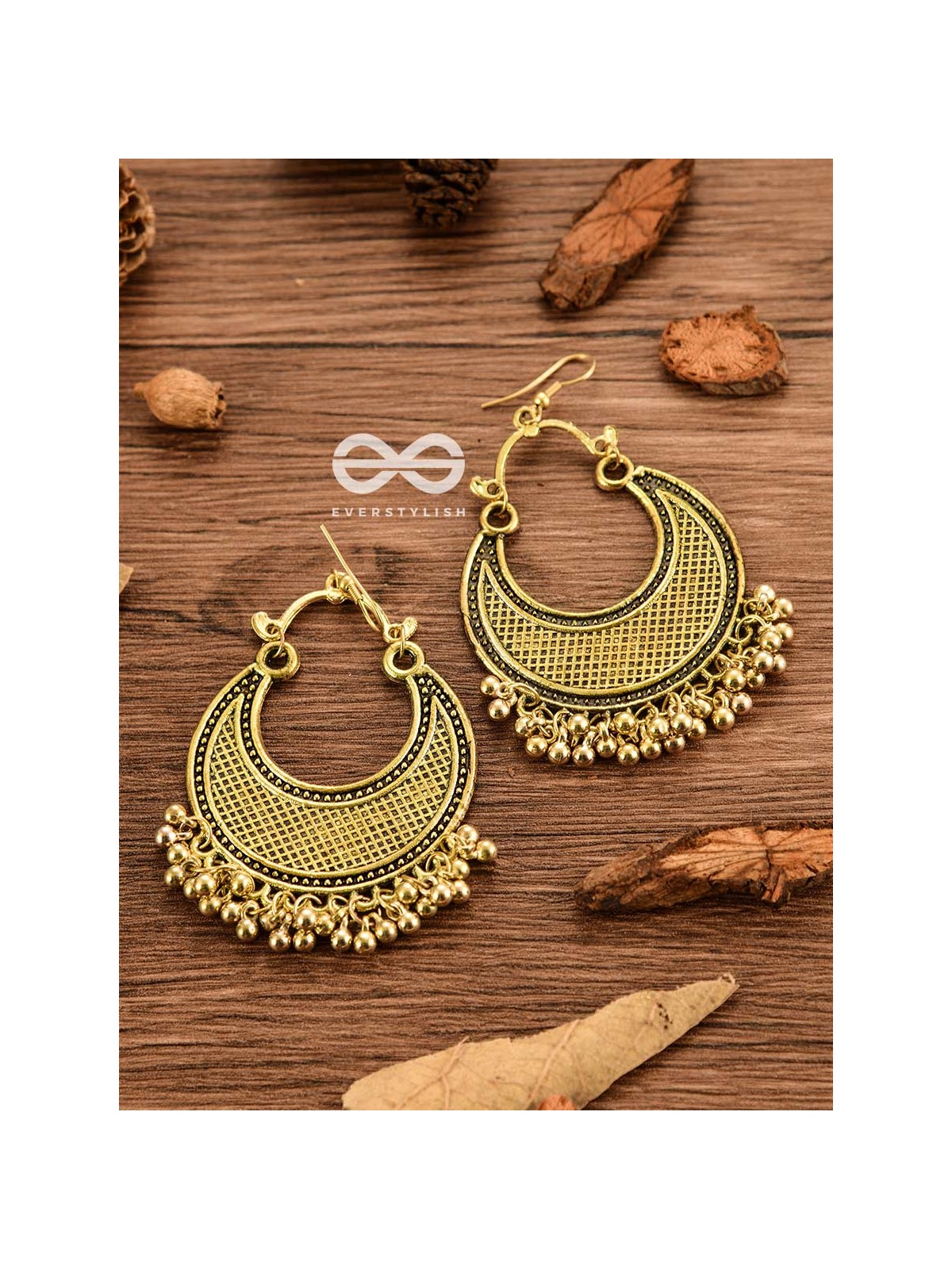 The Meshed Moon (Golden) - Oxidised Boho Earrings
