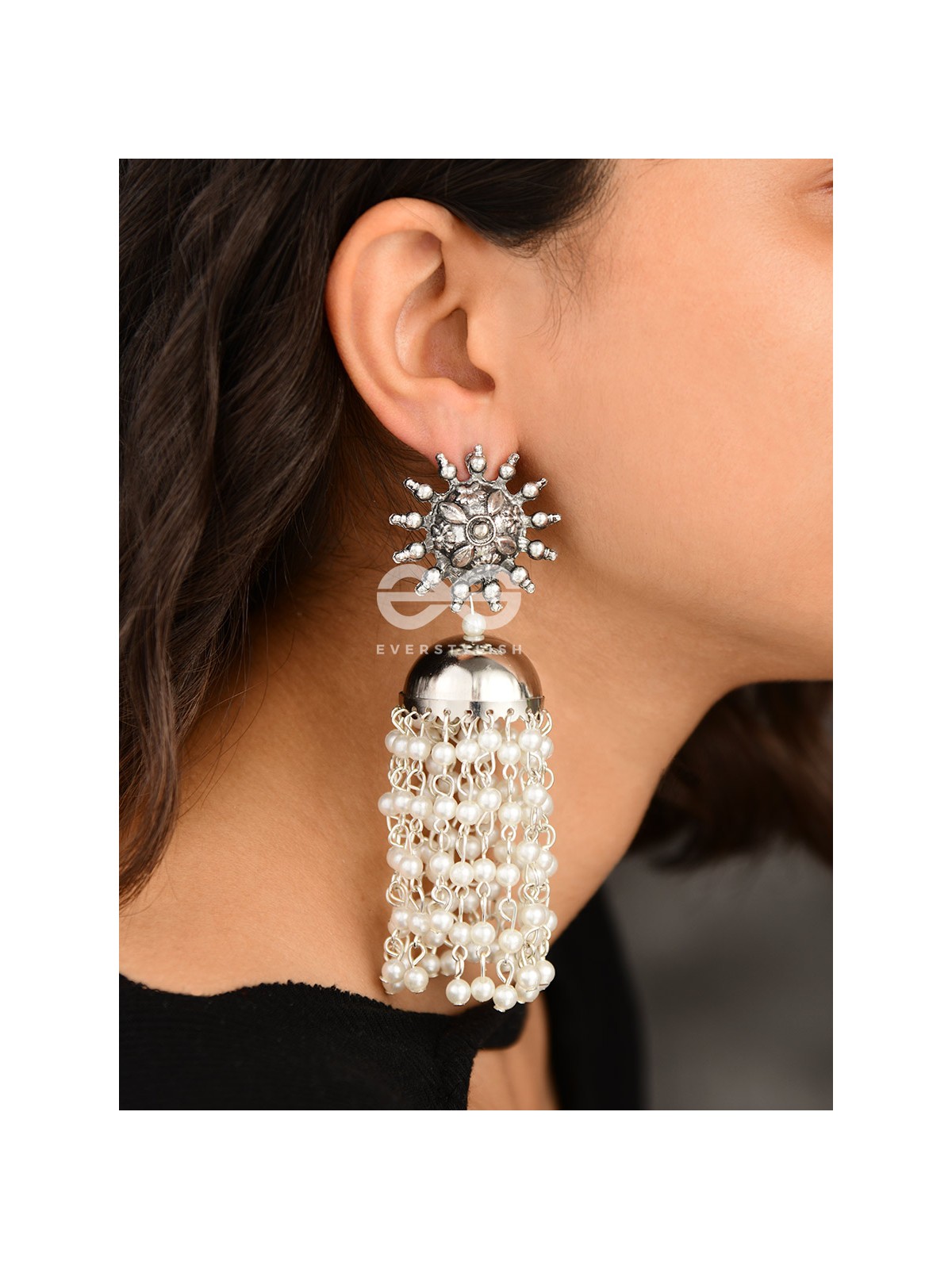 The Dangling Pearl Statement Jhumka Earrings - Oxidised Boho Earrings