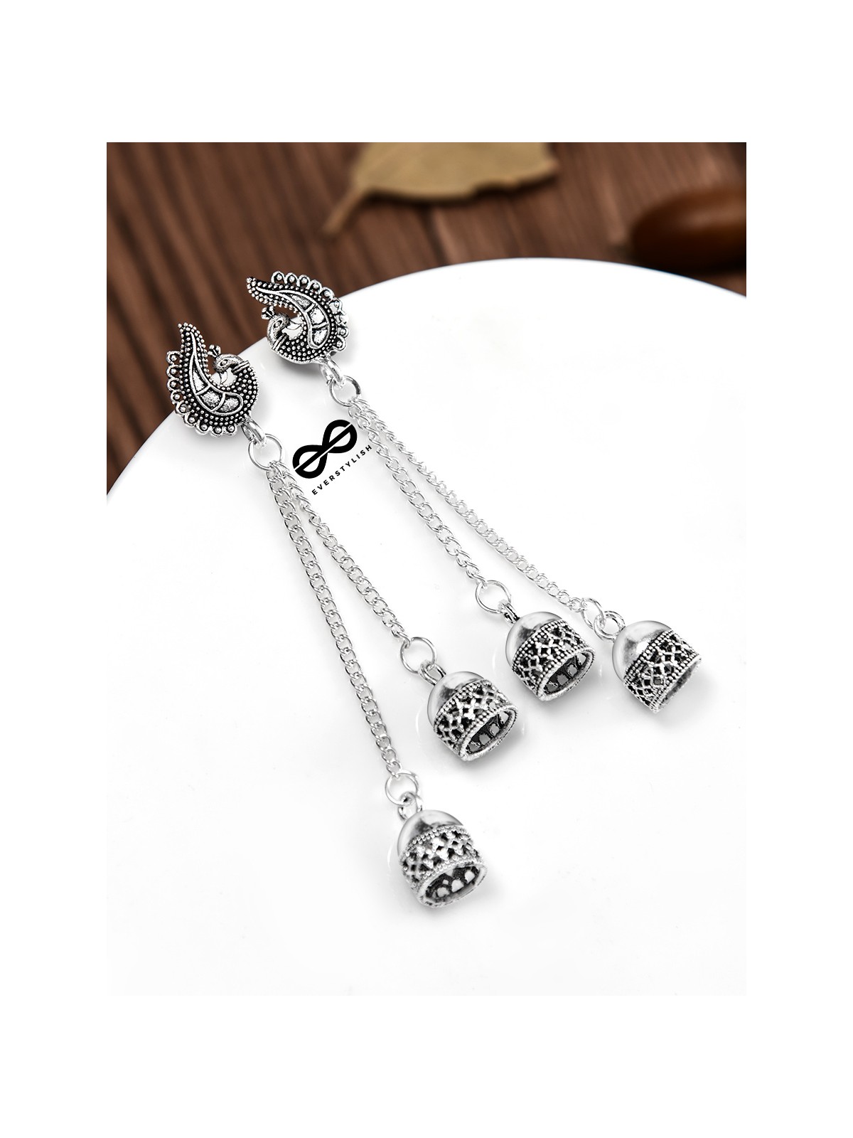 The Double Jhumki Curved Peacock Danglers - Oxidised Boho Earrings