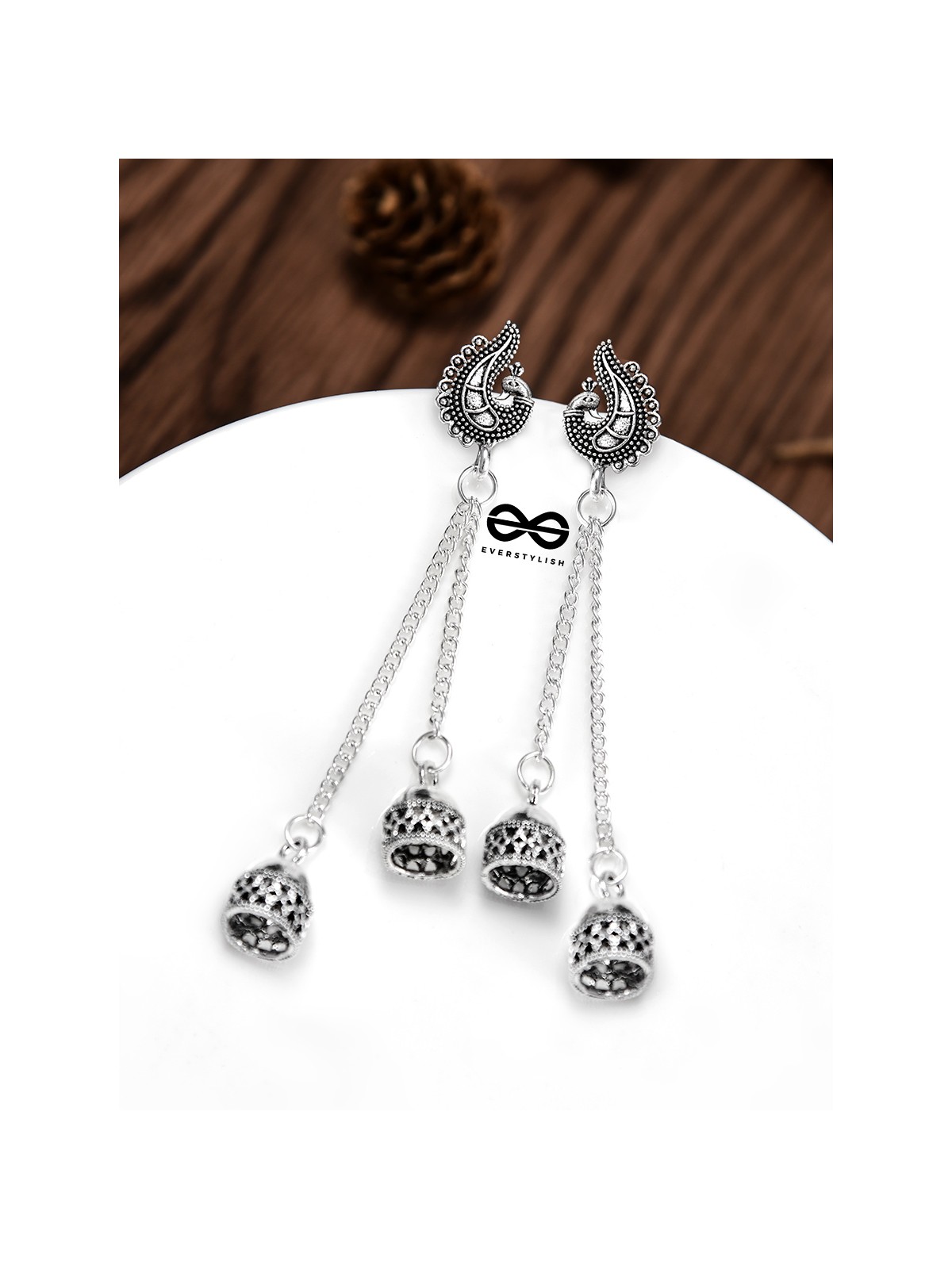 The Double Jhumki Curved Peacock Danglers - Oxidised Boho Earrings