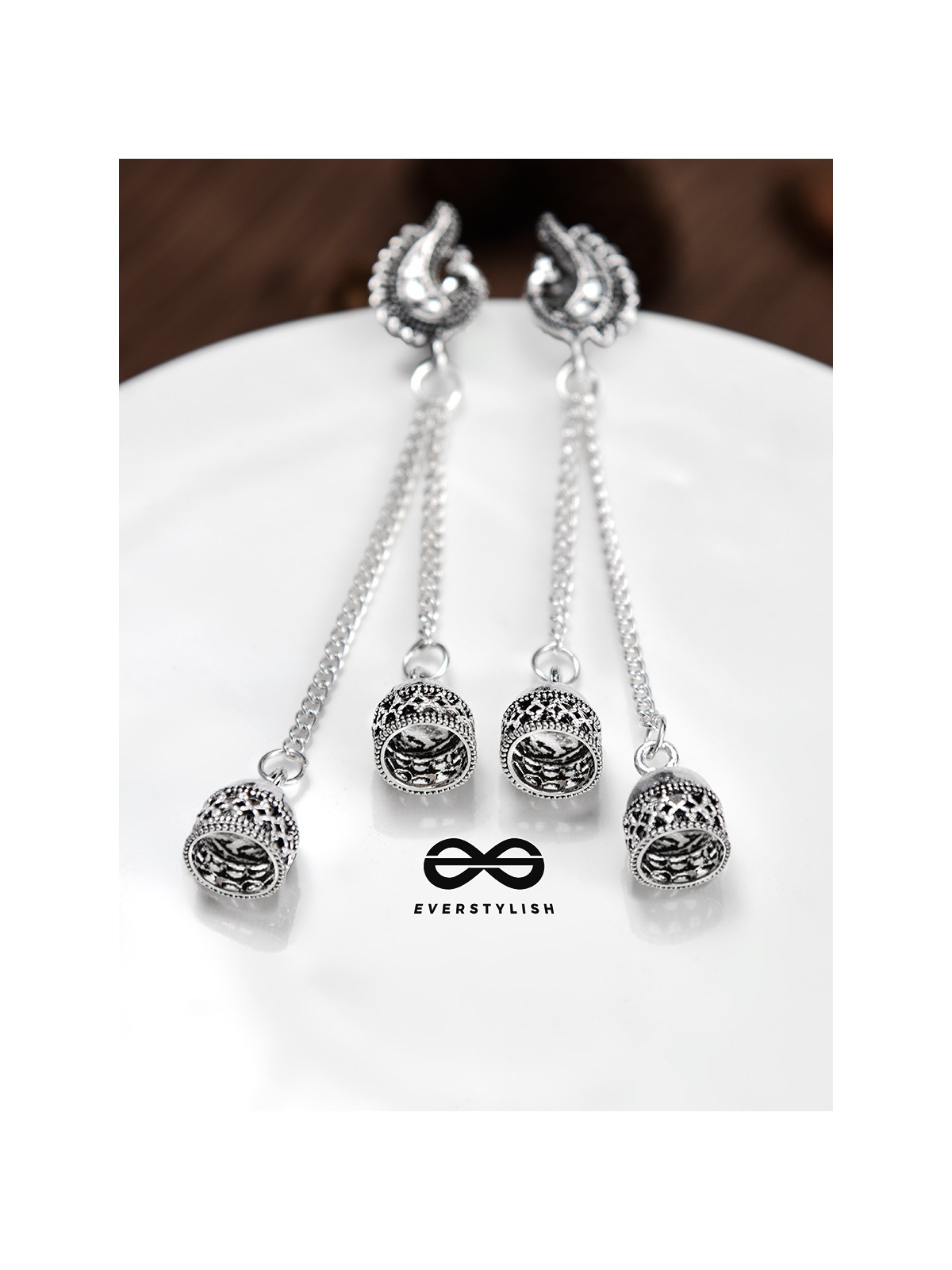 The Double Jhumki Curved Peacock Danglers - Oxidised Boho Earrings