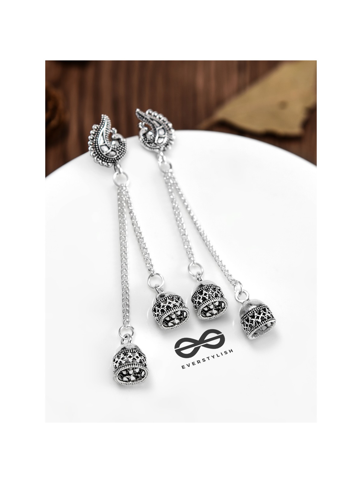 The Double Jhumki Curved Peacock Danglers - Oxidised Boho Earrings