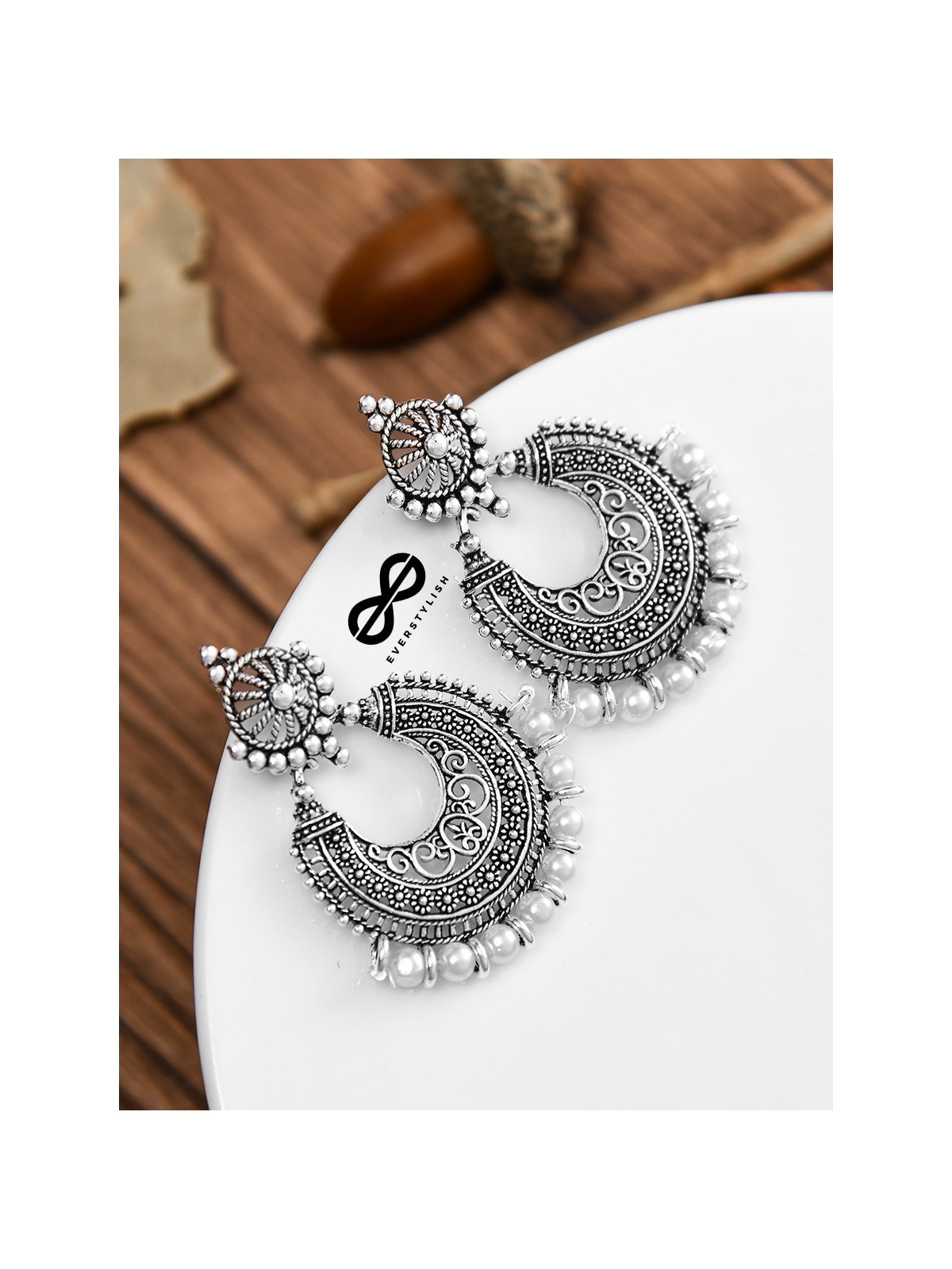 The Elegant Motif Pearls - Oxidised Boho Earrings