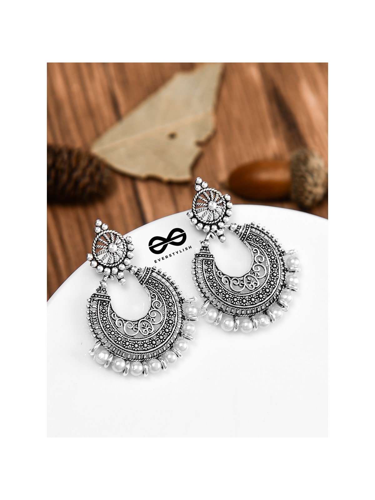 The Elegant Motif Pearls - Oxidised Boho Earrings