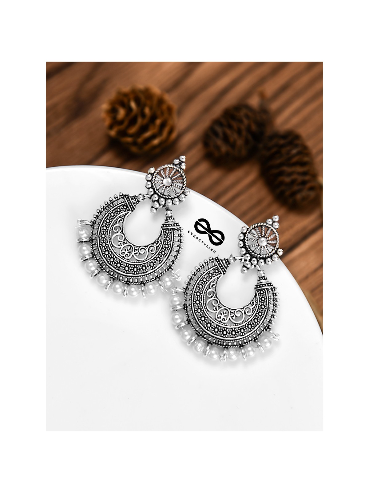 The Elegant Motif Pearls - Oxidised Boho Earrings