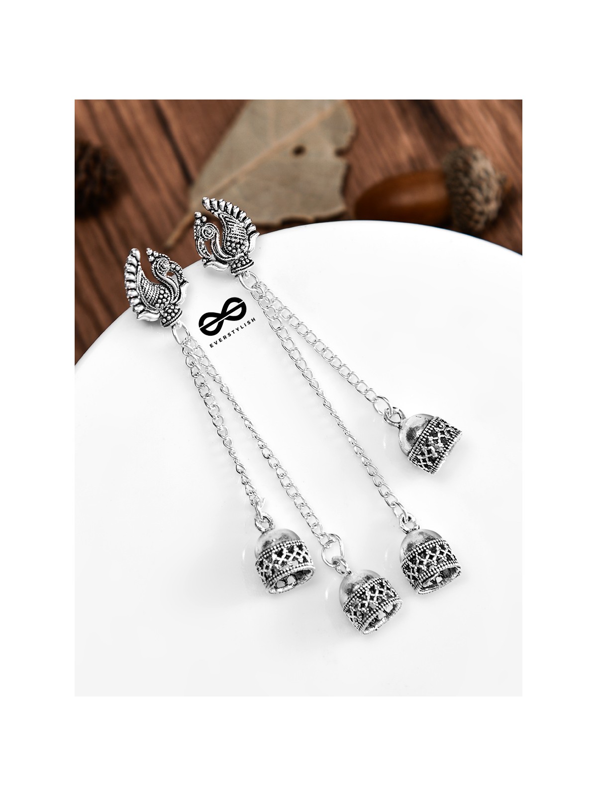 The Double Jhumki Vintage Peacock Danglers - Oxidised Boho Earrings