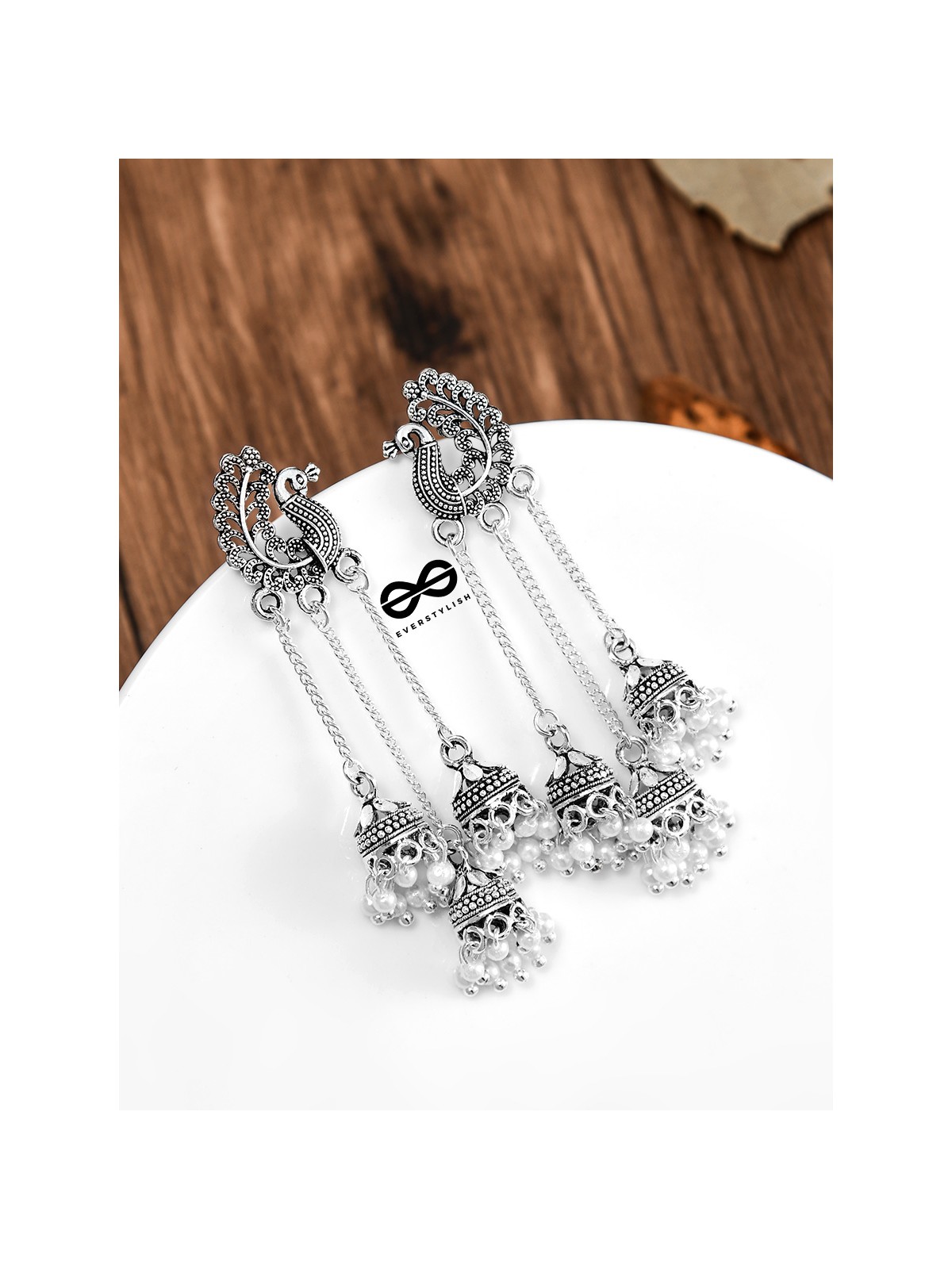 The Intricate Peacock Triple Hanging Jhumkis - Oxidised Boho Earrings