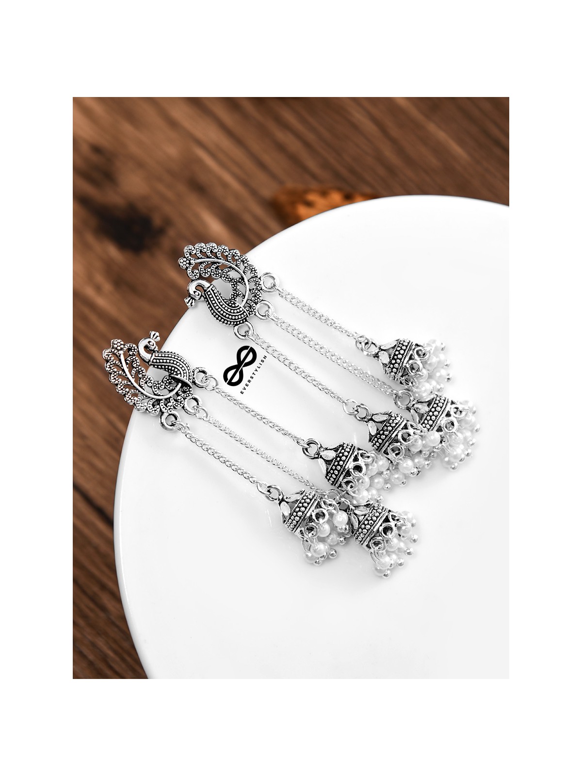 The Intricate Peacock Triple Hanging Jhumkis - Oxidised Boho Earrings