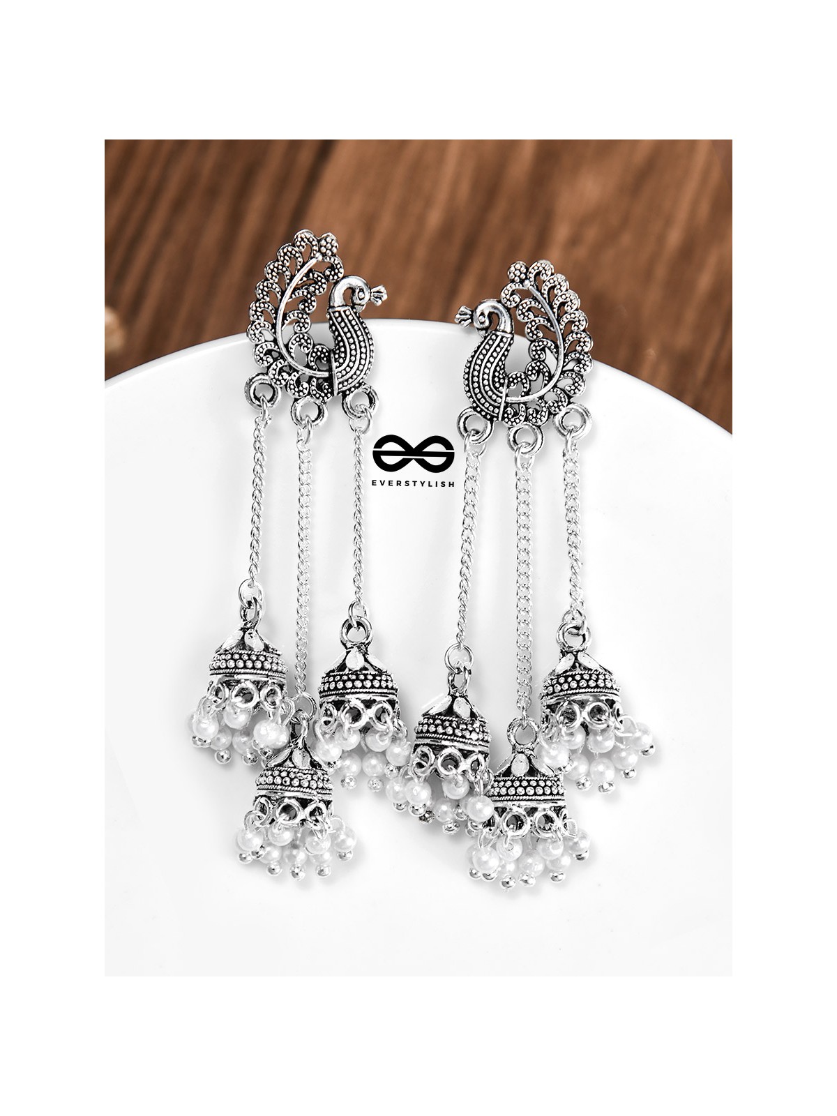 The Intricate Peacock Triple Hanging Jhumkis - Oxidised Boho Earrings
